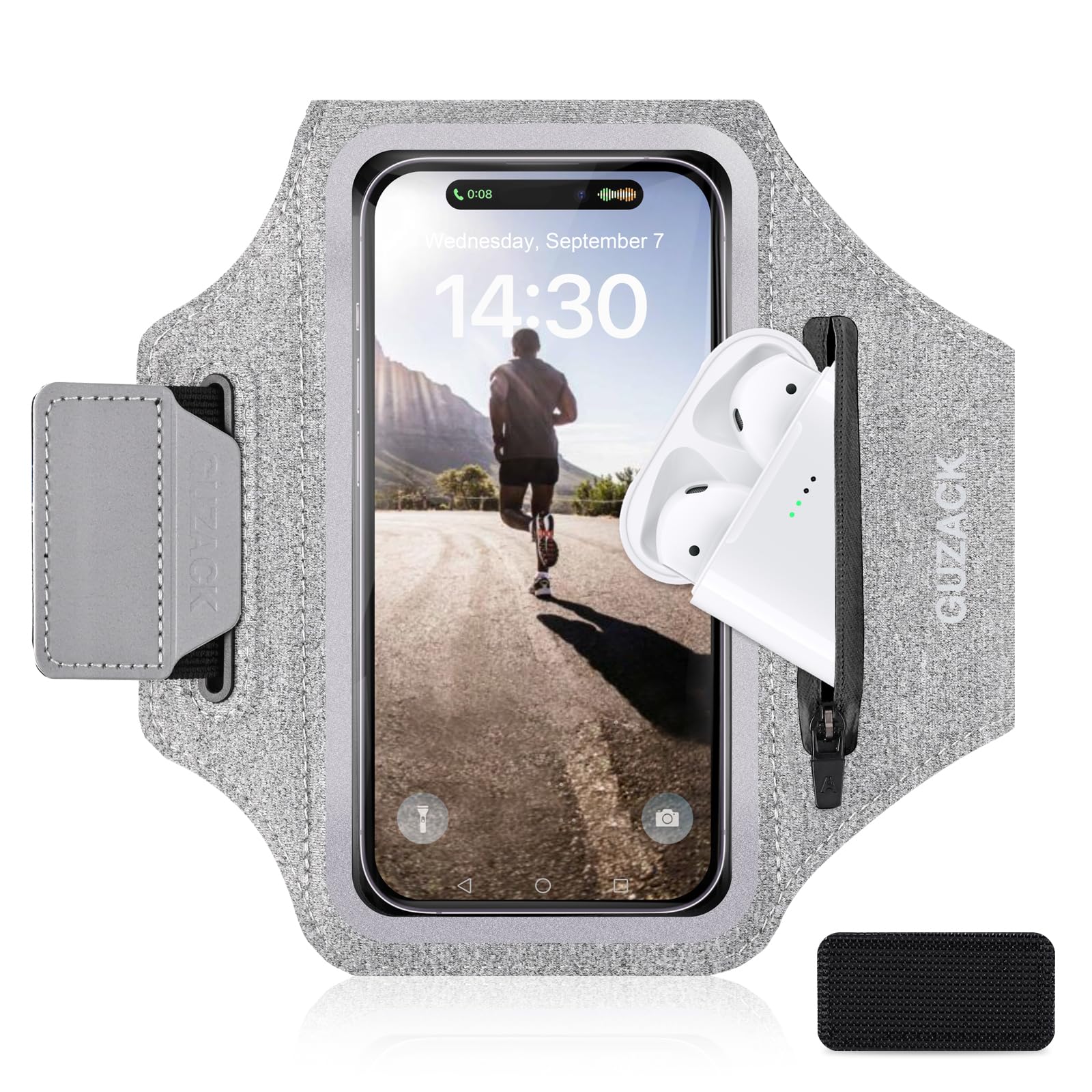 GUZACK Running Armband with Zipper Pouch - Phone Holder for iPhone 16 Pro/15/14/13/12/11 Pro Max & Galaxy S24/S23/S22 - Key Pocket & Card Slot - Lightweight Sports Accessory for Jogging, Gym Workouts & Outdoor Activities (Gray, Medium)