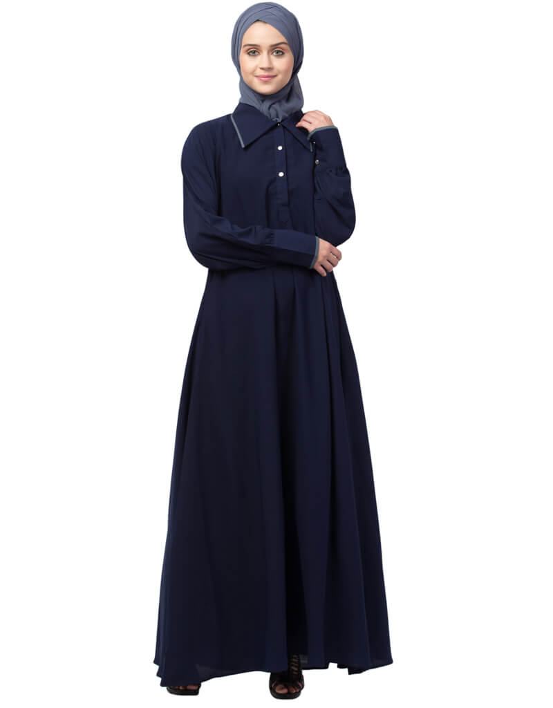 Elegant Navy Blue Arabic Long Cuff Abaya with Executive Collar - Perfect for Office Wear, Formal Events & Islamic Modest Fashion