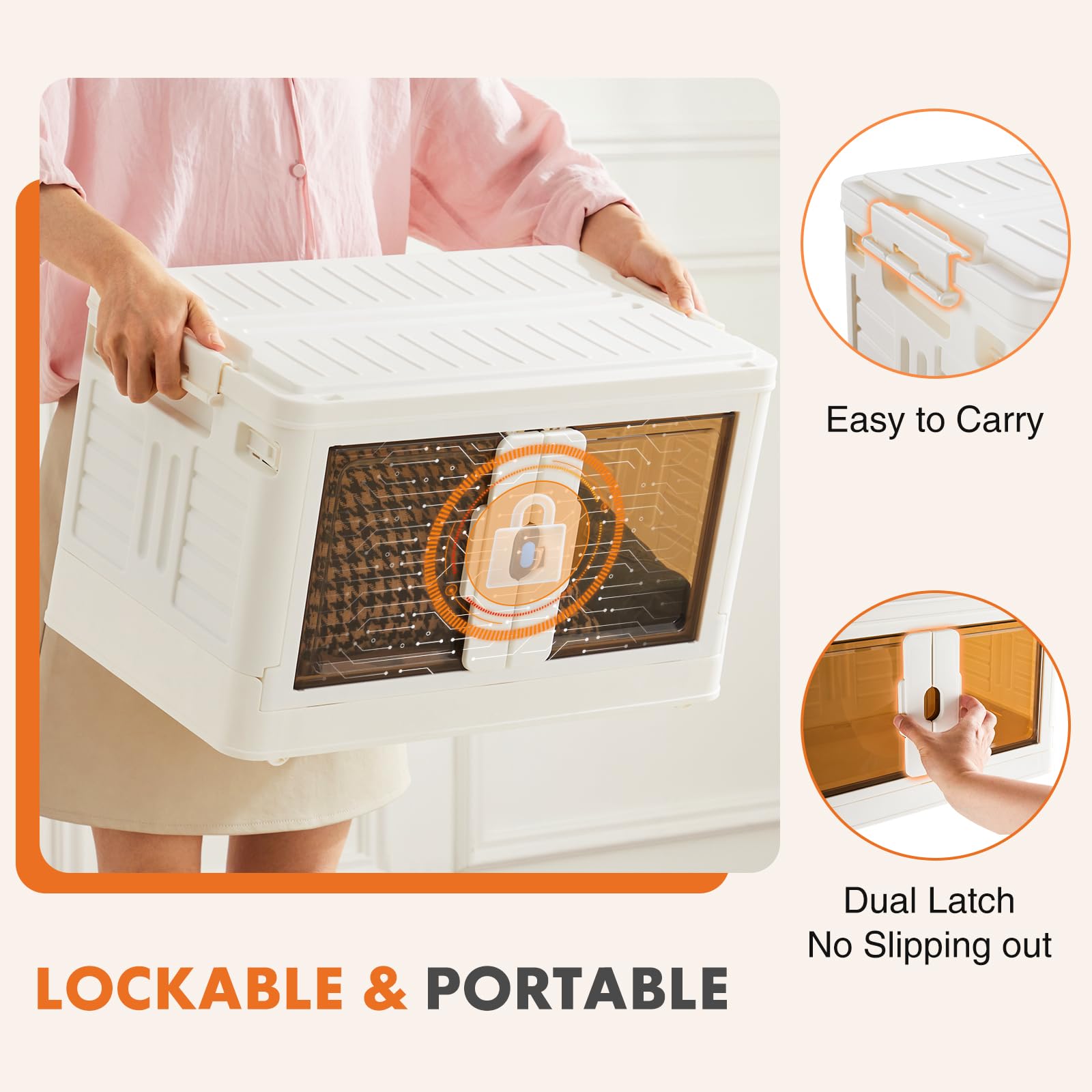 Foldable Plastic Storage Bins with Doors & Wheels - 80QT Stackable, Portable, Lockable Storage Boxes (3 Pack) for Living Room, Garage, Closet & Office Organization