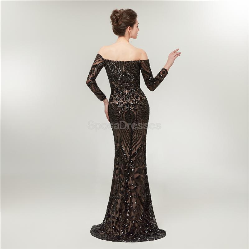 Sparkly Black Off Shoulder Long Sleeve Mermaid Prom Dress - Elegant Evening Party Gown for Formal Events, Homecoming, Pageants & Special Occasions
