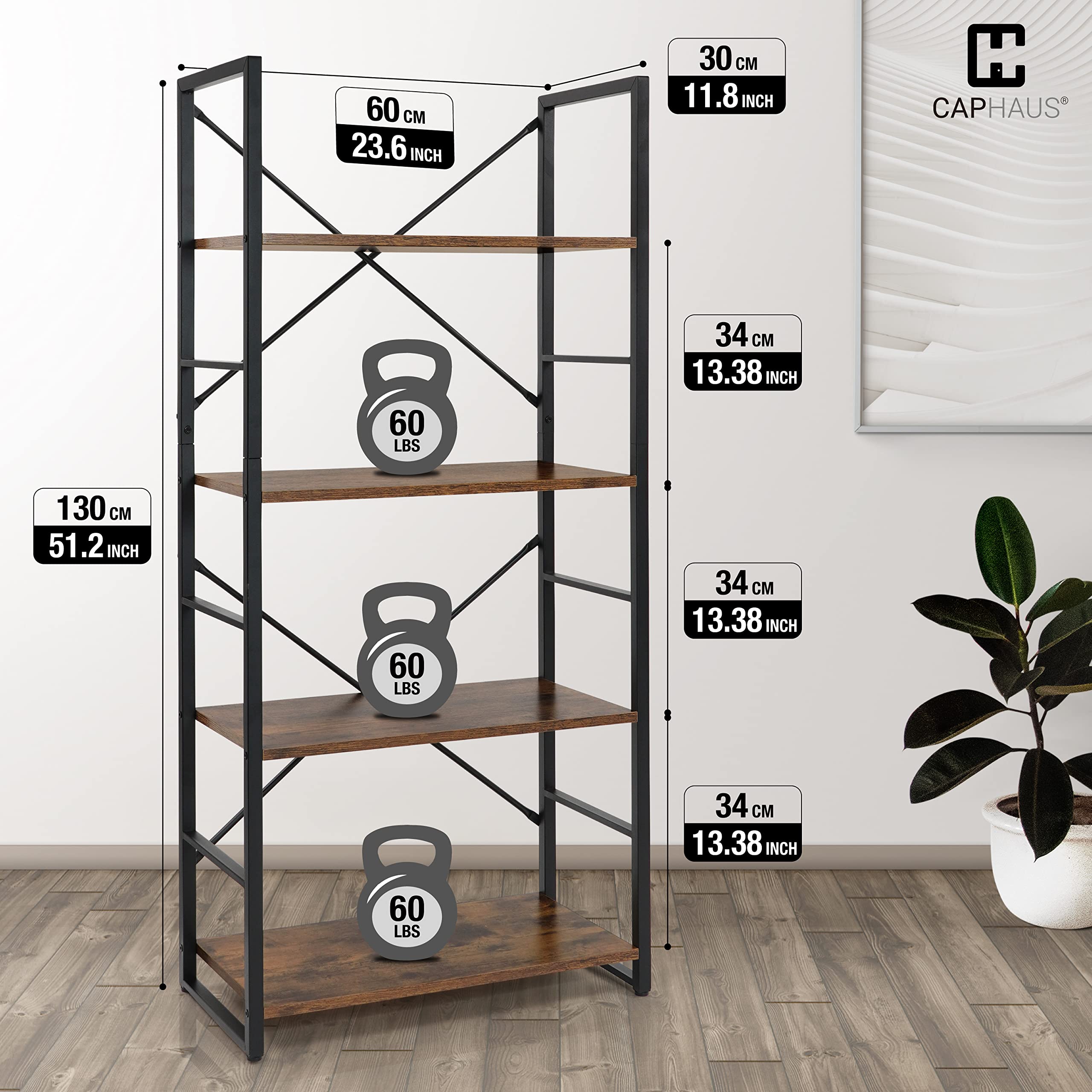CAPHAUS 4 Tier Bookshelf - 24 Inch Wide Free Standing Bookcase with Metal Frame & Rustic Oak Finish | Home Office, Living Room, Kitchen Storage Organizer | Perfect for Storing Books, Decor & Essentials in Modern Farmhouse Style