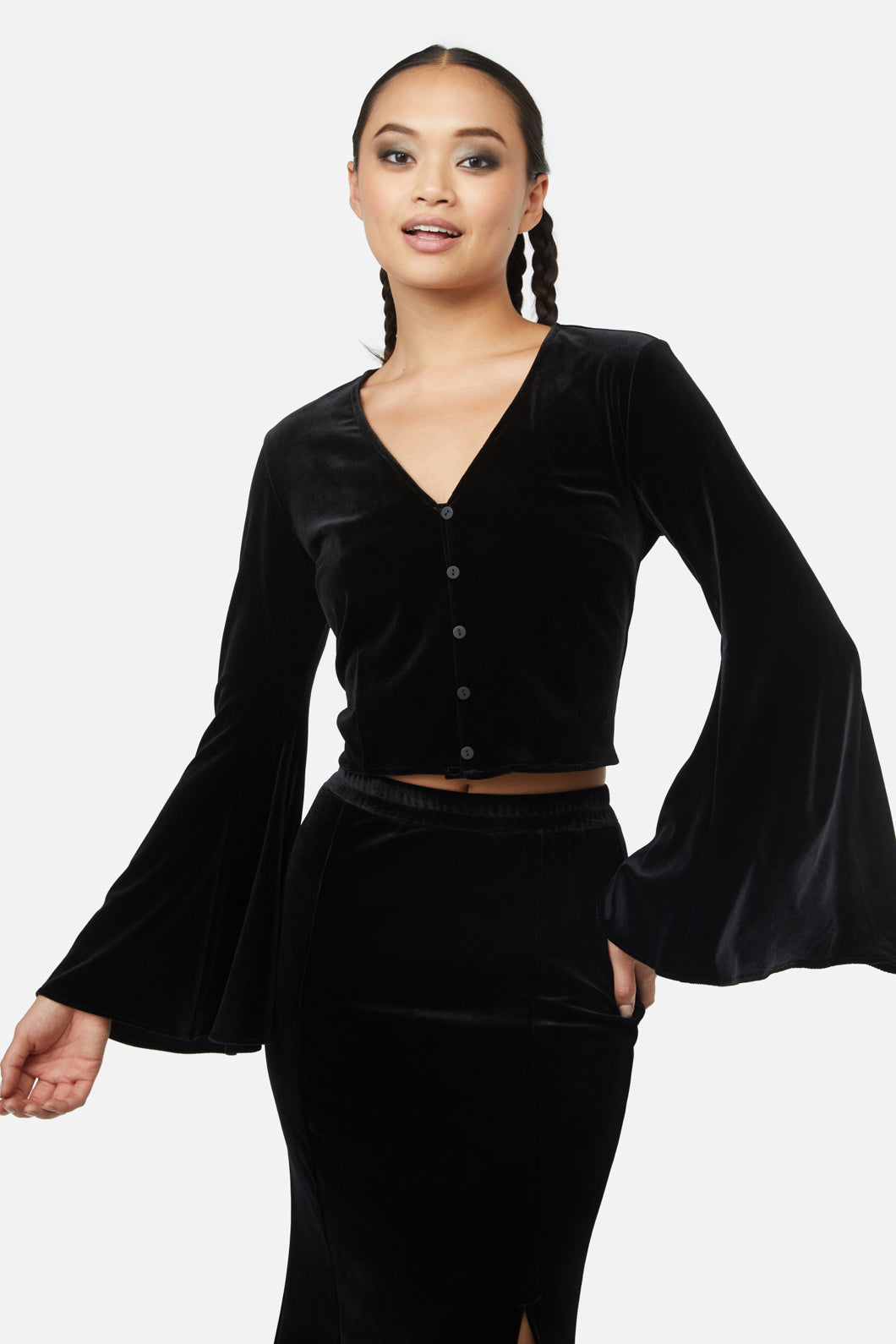Obsidian Black Velvet Flare Sleeve Blouse for Women | Elegant Party & Evening Wear | Perfect for Date Night, Cocktail Parties & Special Occasions
