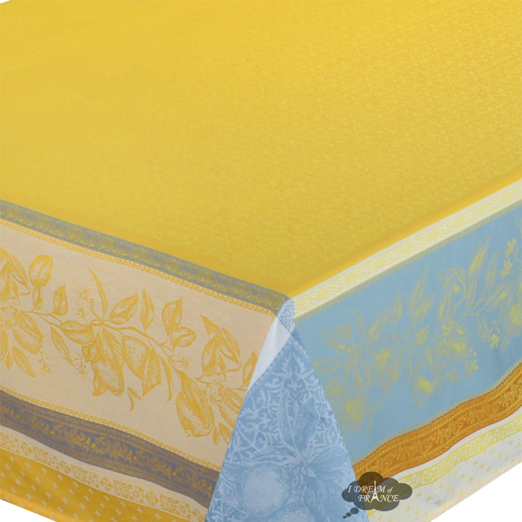62x120 Inch Rectangular Cedrat Yellow & Blue French Jacquard Tablecloth by Tissus Toselli - Elegant Dining Table Cover for Weddings, Parties & Formal Events