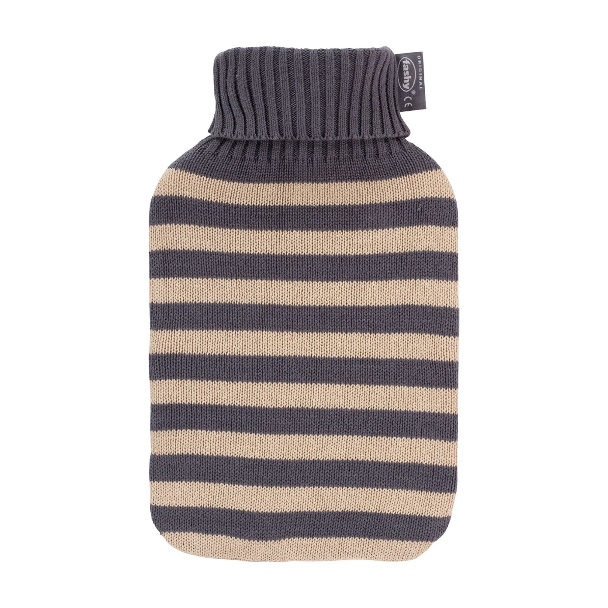 2 Liter Fashy Hot Water Bottle with Grey & Cream Striped Knit Cover - Warm & Cozy for Winter Nights, Period Pain Relief, Bed & Sofa Use