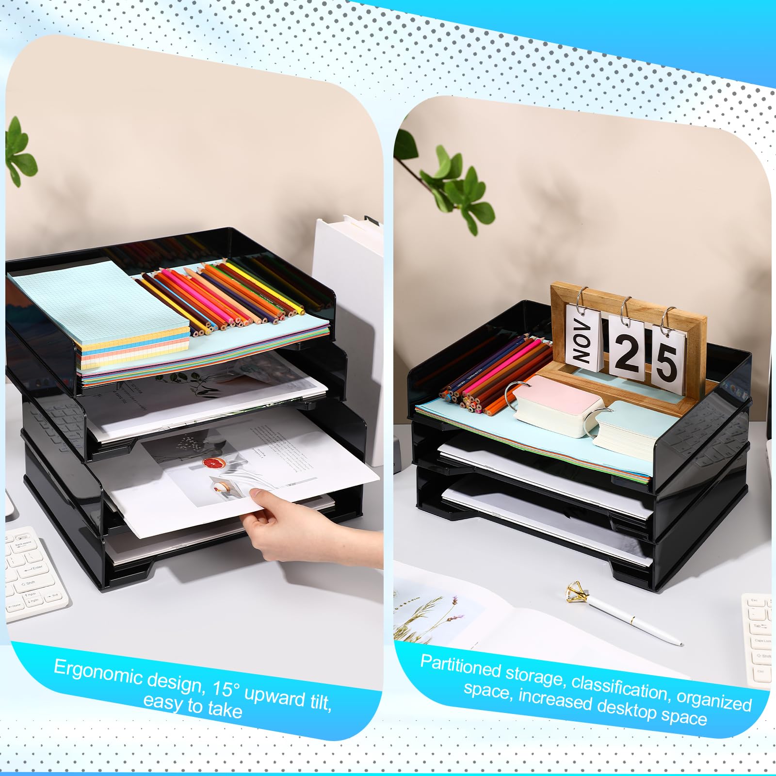 4-Piece Stackable Plastic Letter Tray Set - 13 x 9.5 x 2.6 Inch Rectangular Desk Organizer | Black File Holder for Office Documents, Mail & Paperwork | Perfect for Home Office, School Desk & Workplace Organization