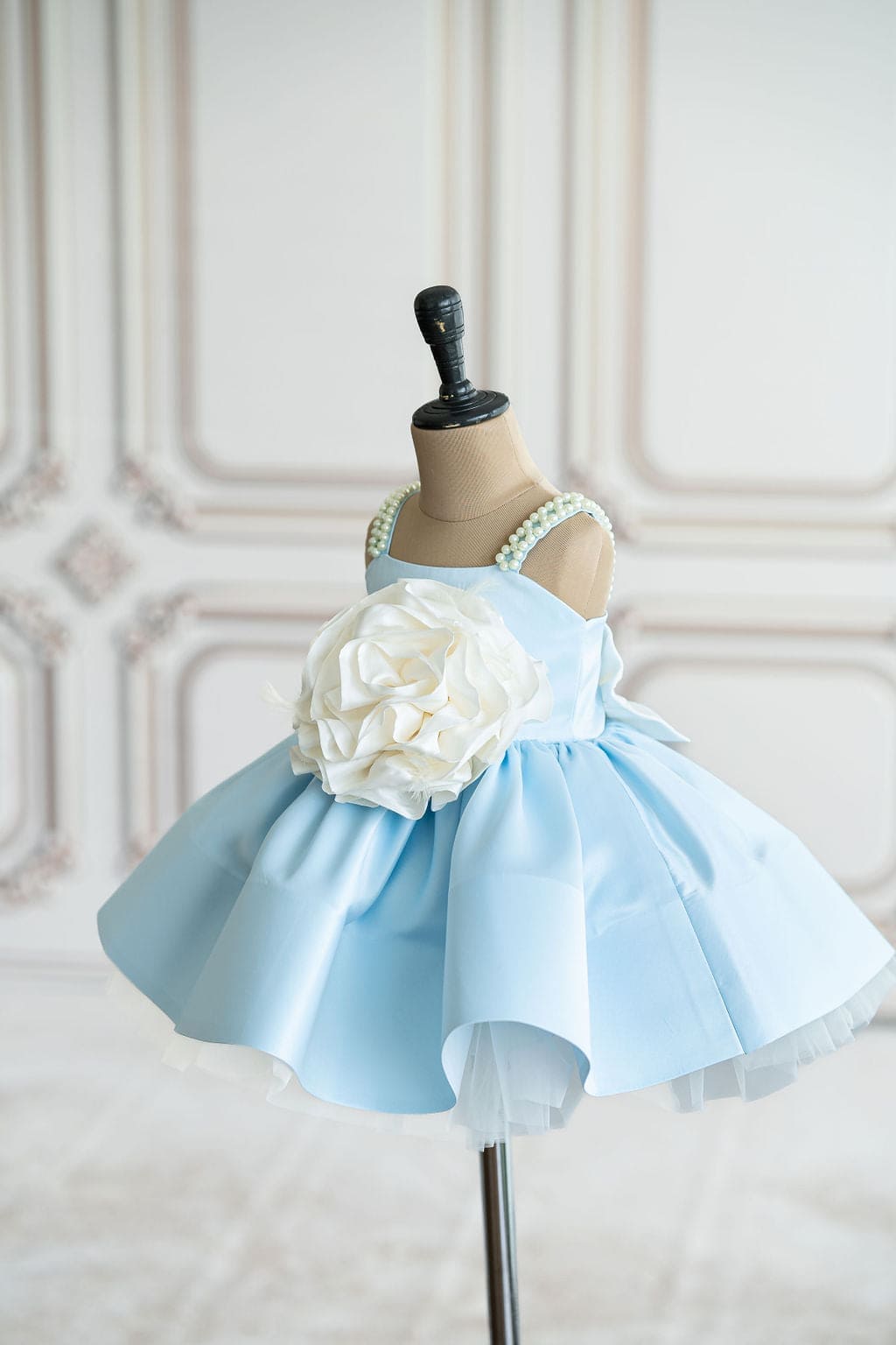 Pre Order: Elegant Blue Satin Dress with Pearl Straps - Perfect for Weddings, Parties & Special Occasions