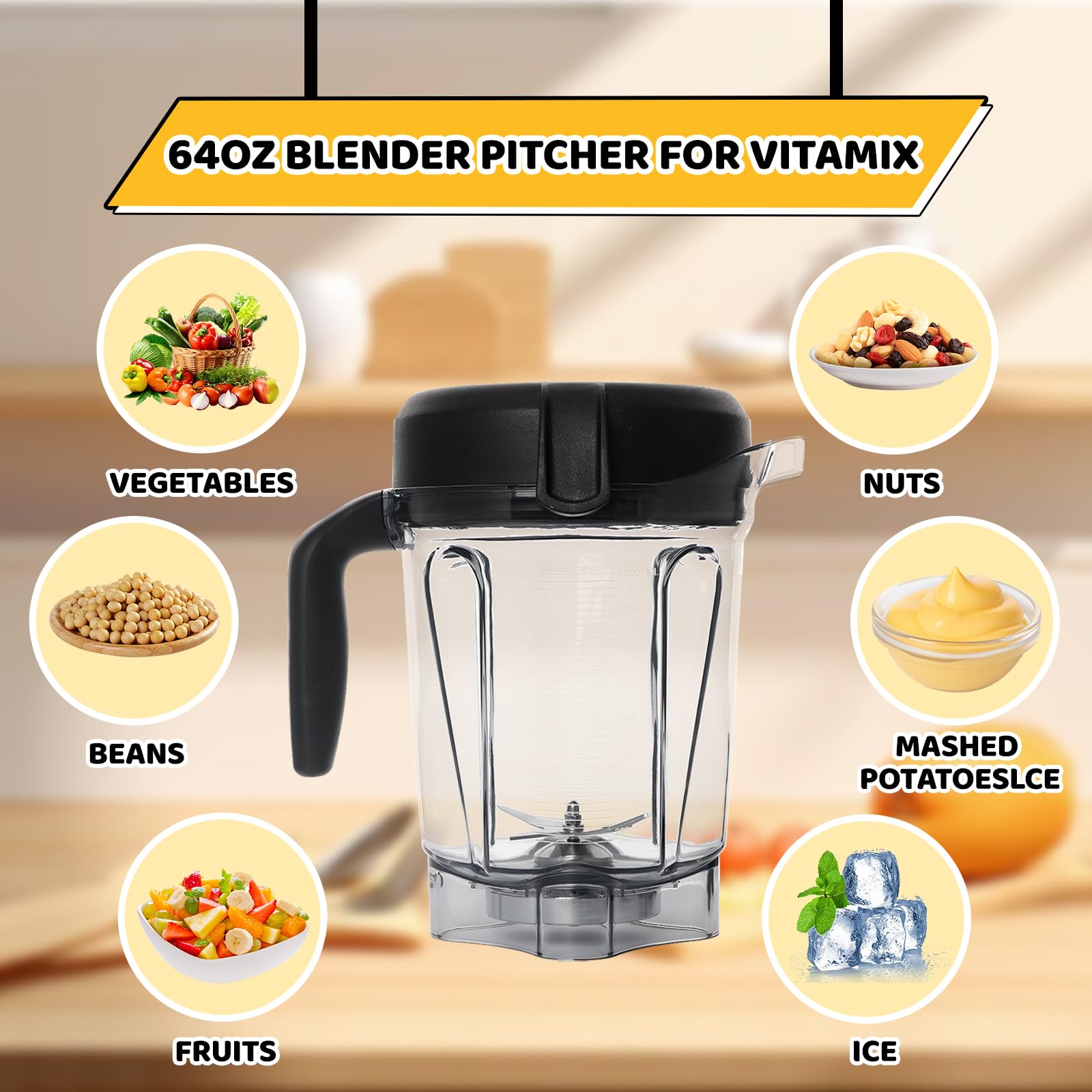 Vitamix Blender Pitcher 64oz Low-Profile Replacement Container for 750, 5200, 5000, 6300, 7500, A3500, VM0102, VM0103, VM0197, E310 - Compatible with Classic, Explorian & Commercial Series - Perfect for Smoothies, Soups & Nut Butters