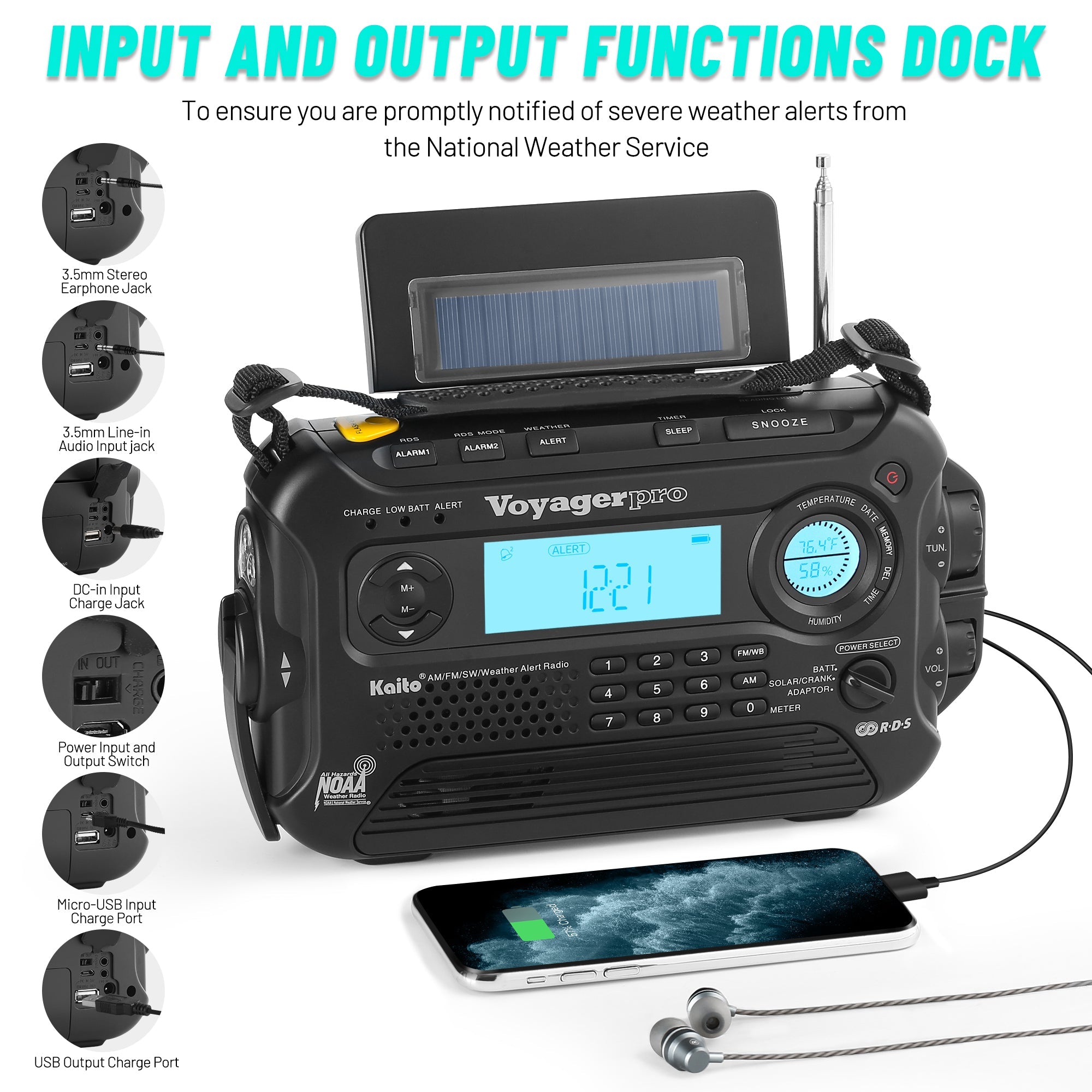 Kaito Voyager Pro KA600 Digital Solar Hand Crank Emergency Radio - AM/FM/LW/SW/NOAA Weather Band with Flashlight & USB Charger - Perfect for Camping, Hiking & Emergency Preparedness