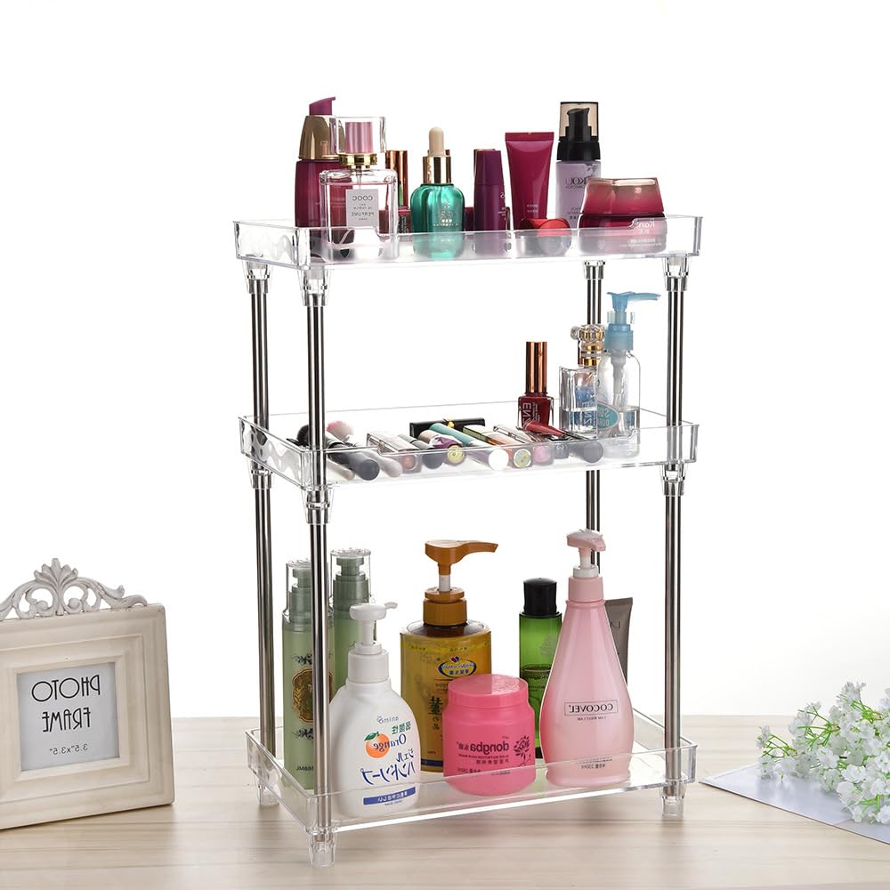 AfooBezos 3-Tier Clear Acrylic Bathroom Organizer - Countertop Vanity Tray & Corner Shelf for Skincare, Cosmetics & Makeup | Perfect for Small Spaces, Sink Counter Organization & Bathroom Storage