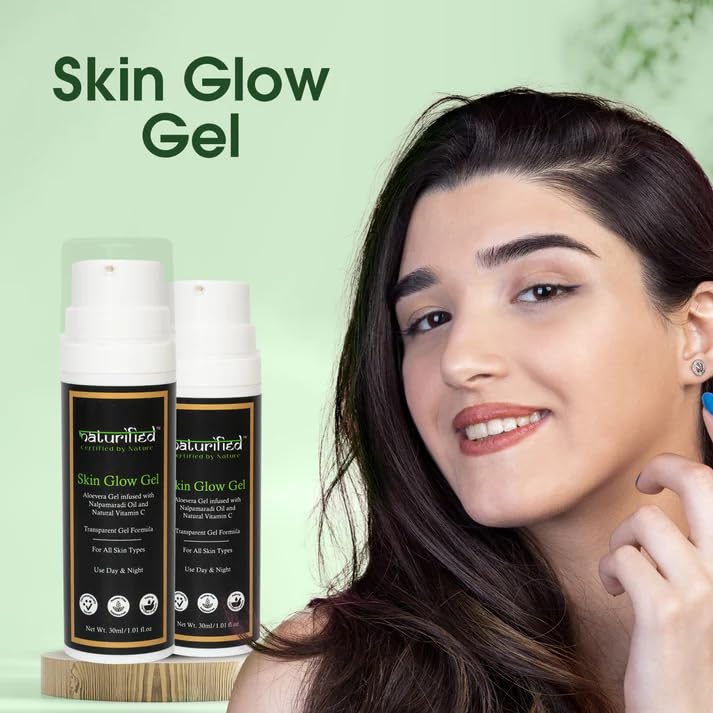 Naturified Certified Organic Aloe Vera Gel with Nalpamaradi Oil & Vitamin C - Transparent Skin Glow Gel for All Skin Types | Hydrating, Soothing & Brightening | Perfect for Daily Skincare, Sunburn Relief & After-Sun Care