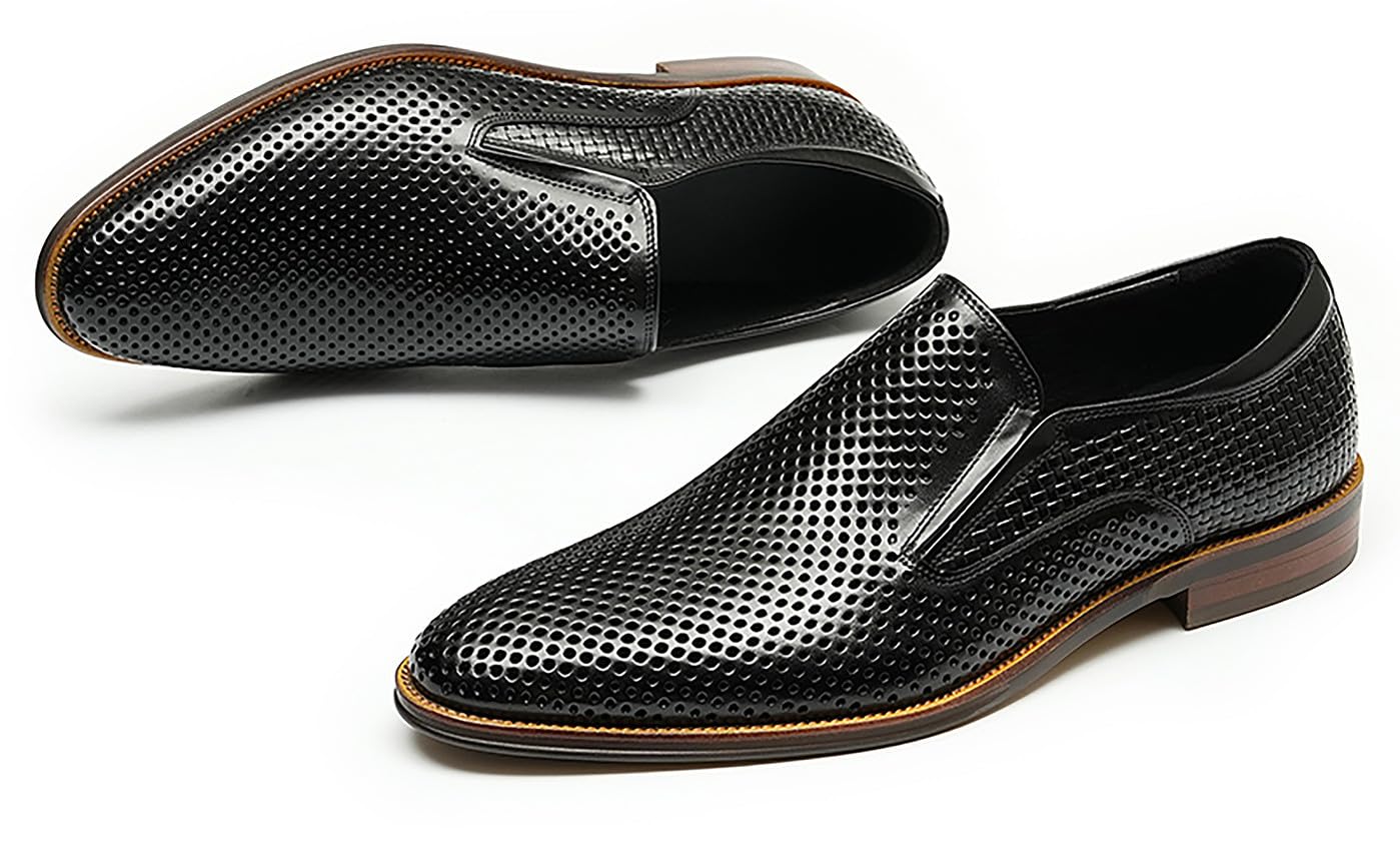Men's Genuine Leather Penny Loafers - Slip On Dress Casual Shoes for Business & Formal Wear - Comfortable Hollow Design Summer Walking Shoes for Office, Wedding & Daily Outfits