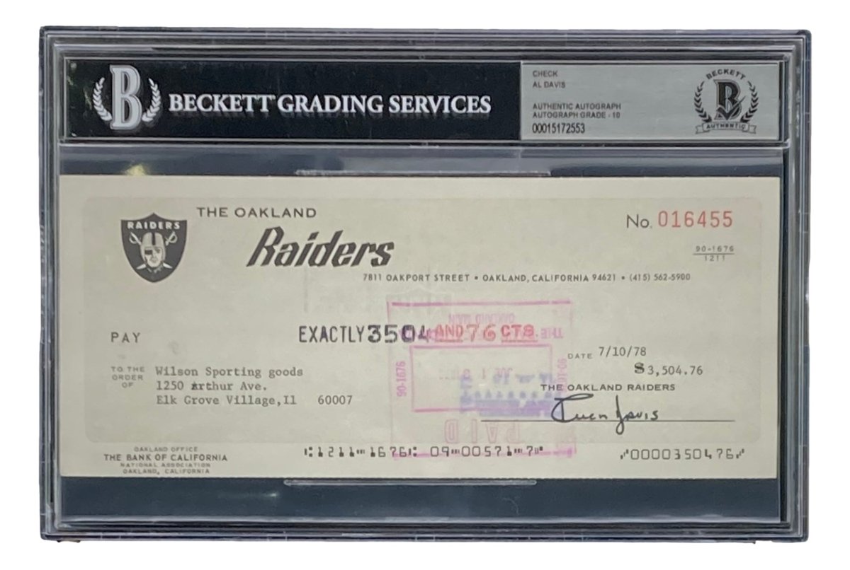 Authentic Al Davis Signed Oakland Raiders Bank Check #16455 Auto 10 BAS - Rare Collectible for NFL Memorabilia Fans & Sports Enthusiasts