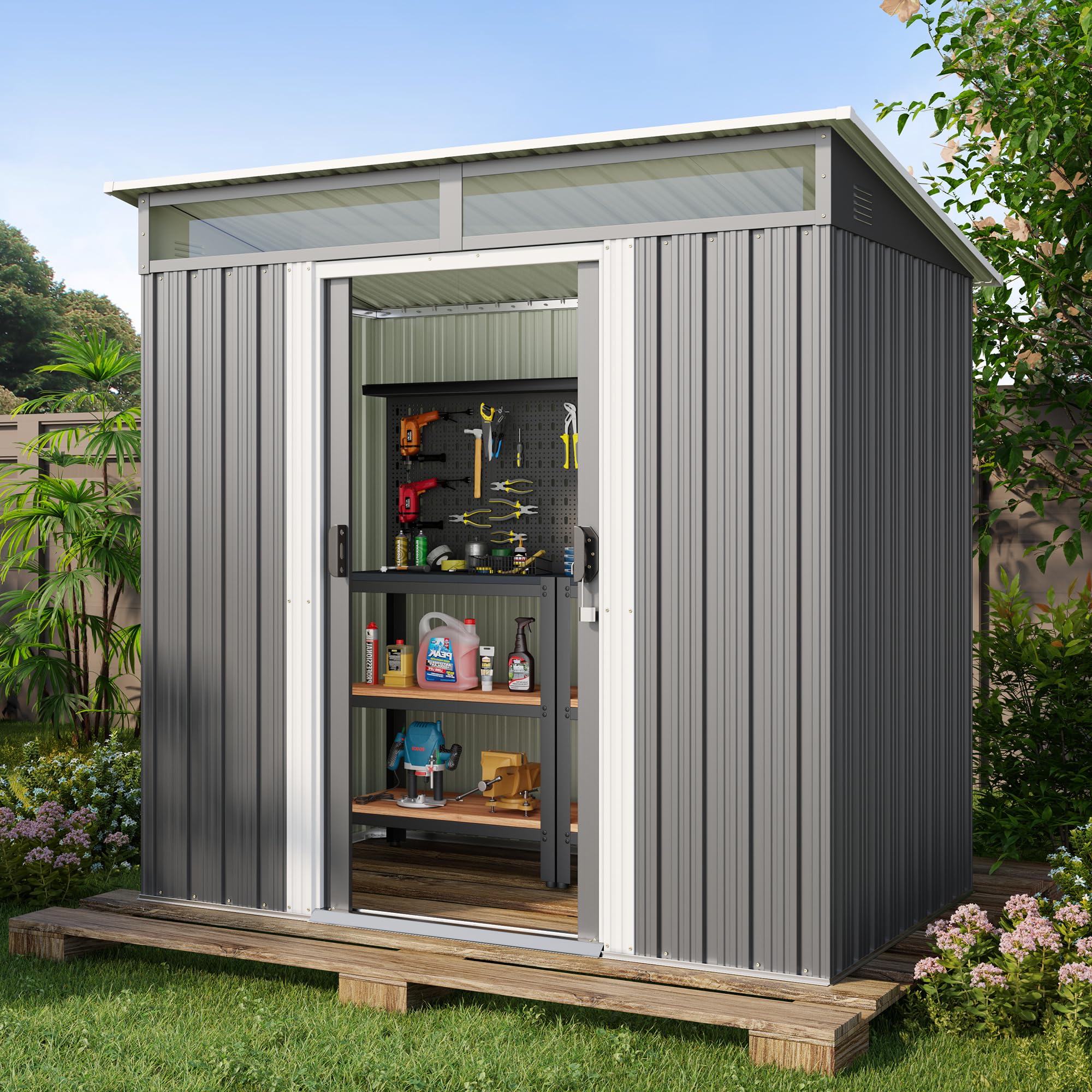 Gizoon 6x4 ft Metal Outdoor Storage Shed with Sliding Lockable Doors & Transparent Panel Windows - Durable Garden Shed for Tools, Bikes & Backyard Storage - Perfect for Patio, Yard & Outdoor Organization (Dark Gray)