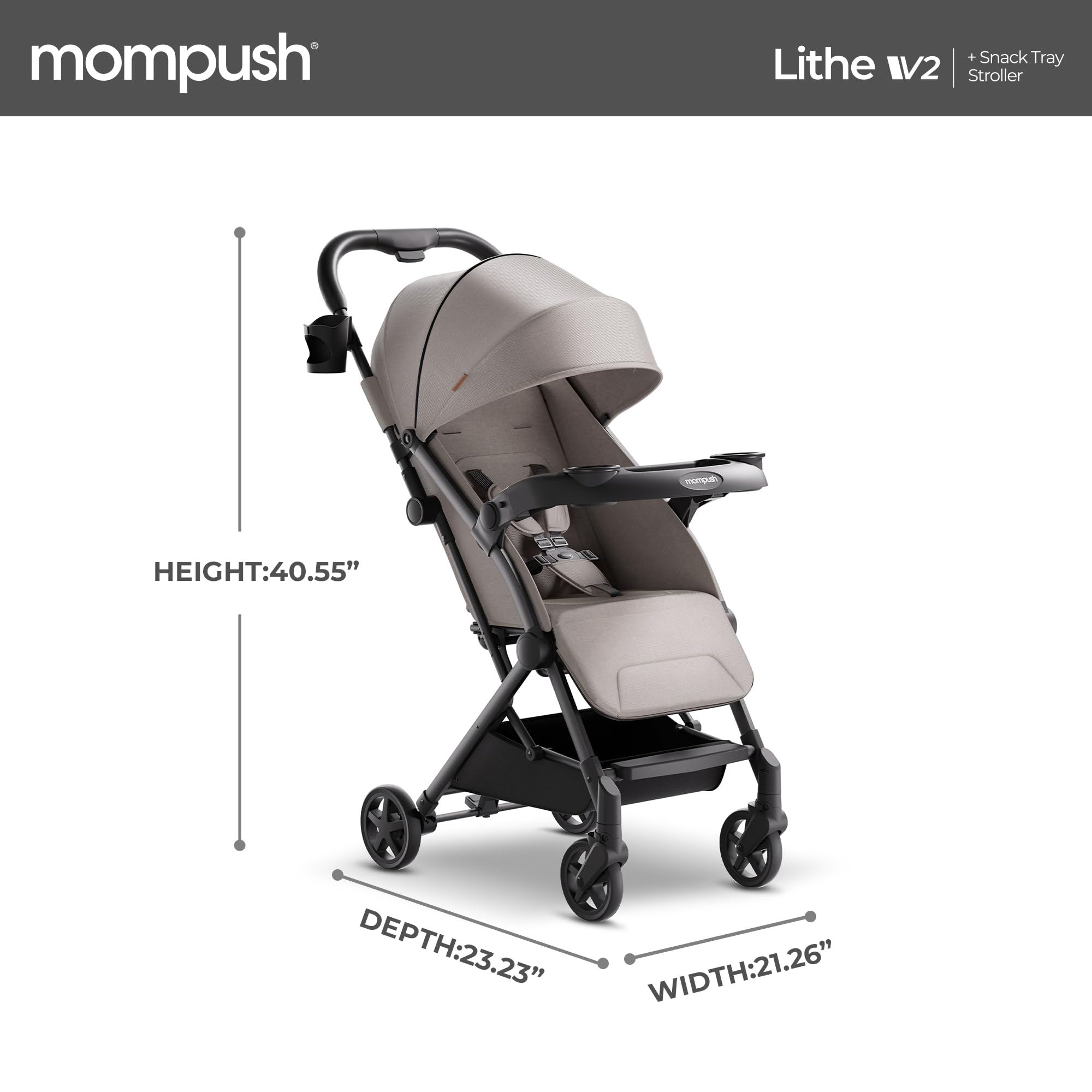 Mompush Lithe V2 Lightweight Compact Travel Stroller with Snack Tray, Cup Holder & Rain Cover - Airplane Approved, One-Hand Fold, Near Flat Recline - Perfect for Air Travel, City Walks & Shopping Trips