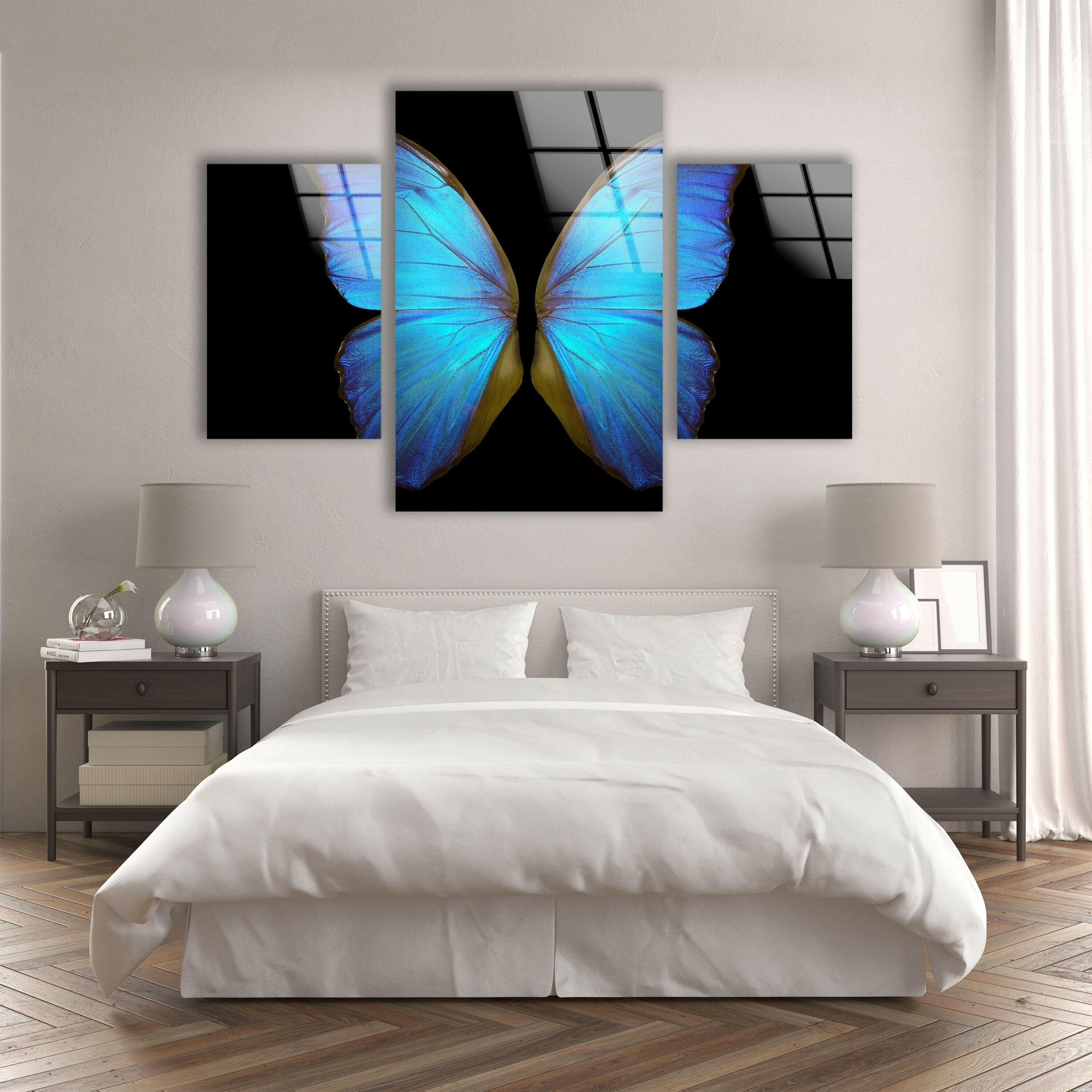 Blue Butterfly Glass Wall Art - Handmade Decorative Stained Glass Window Hanging for Home, Office, and Garden Decor - Perfect for Living Room, Bedroom, and Outdoor Spaces