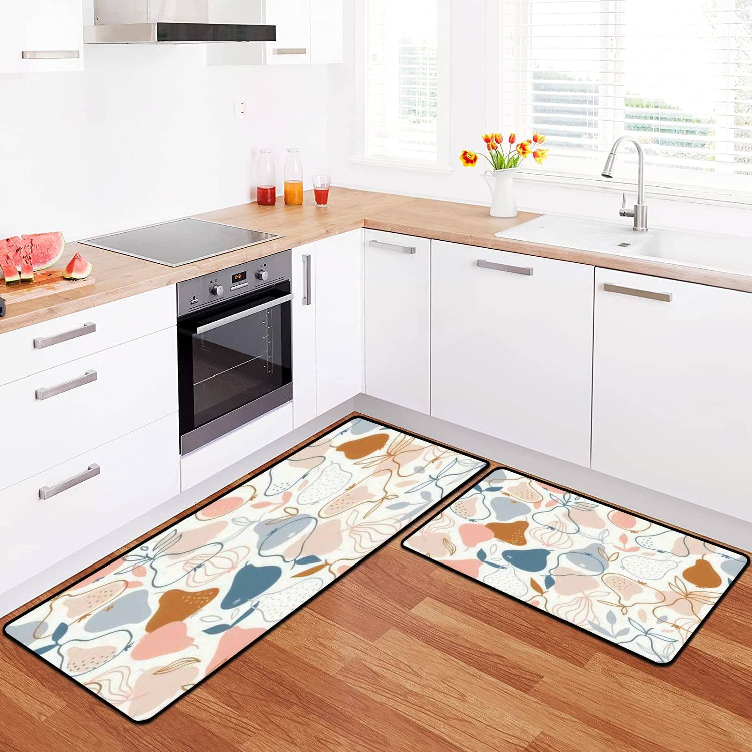 Stylish Scandinavian Pear Seamless Kitchen Rugs Set - Non-Slip Washable Floor Mat, Runner & Bath Rug - Natural Fruit Design for Comfortable Standing - Perfect for Kitchen, Entryway & Bathroom Decor