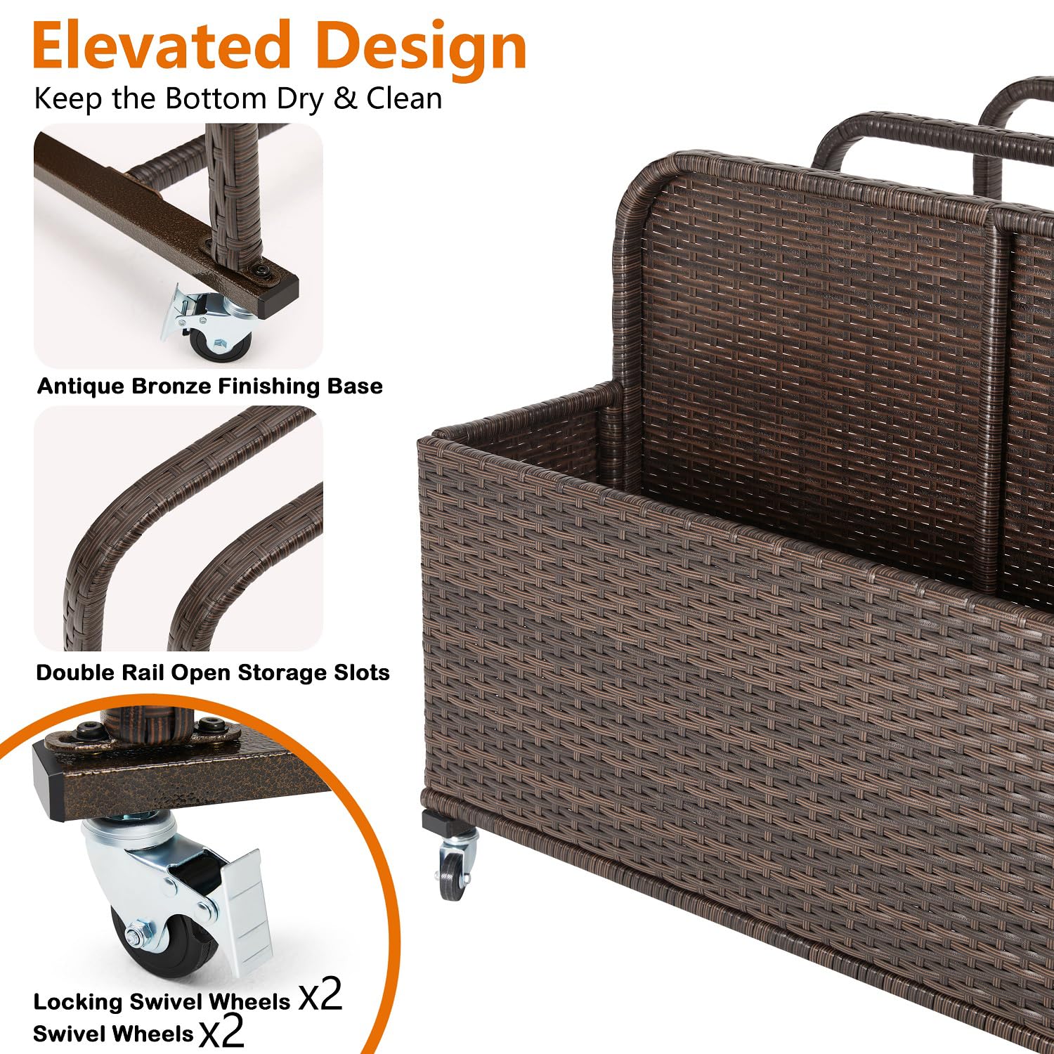 Outdoor Wicker Rattan Pool Float Storage Organizer with Wheels - Waterproof Patio Pool Toy Holder for Noodles, Inflatables & Accessories - Perfect for Backyard, Beach & Poolside Storage (Brown)