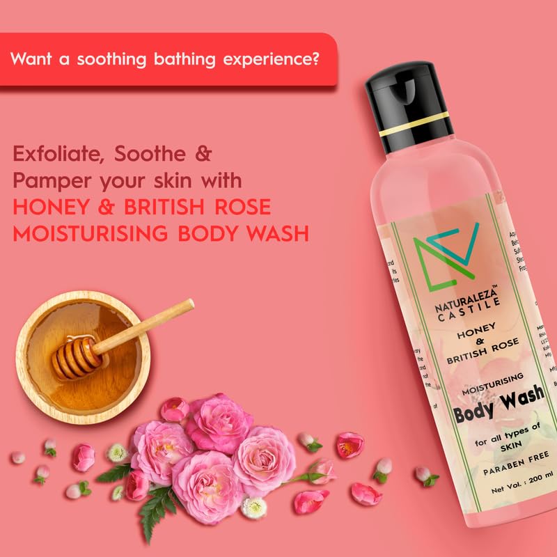 NATURALEZA CASTILE Honey & British Rose Moisturizing Body Wash - 200ml Shower Gel for Soft, Smooth Skin - Women & Men - Perfect for Daily Hydration & Relaxing Bath Time