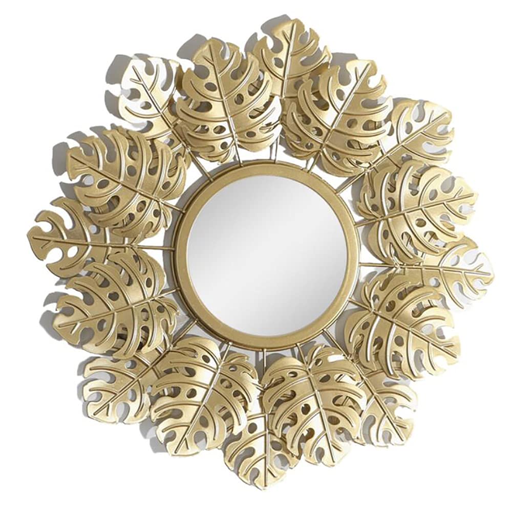 Round Gold Leaf Vanity Mirror - Hanging Wall Mirror with Metal Frame for Bedroom, Living Room & Office Decor - Decorative Dressing Mirror with Palm Leaf Design for Home & Vanity Use