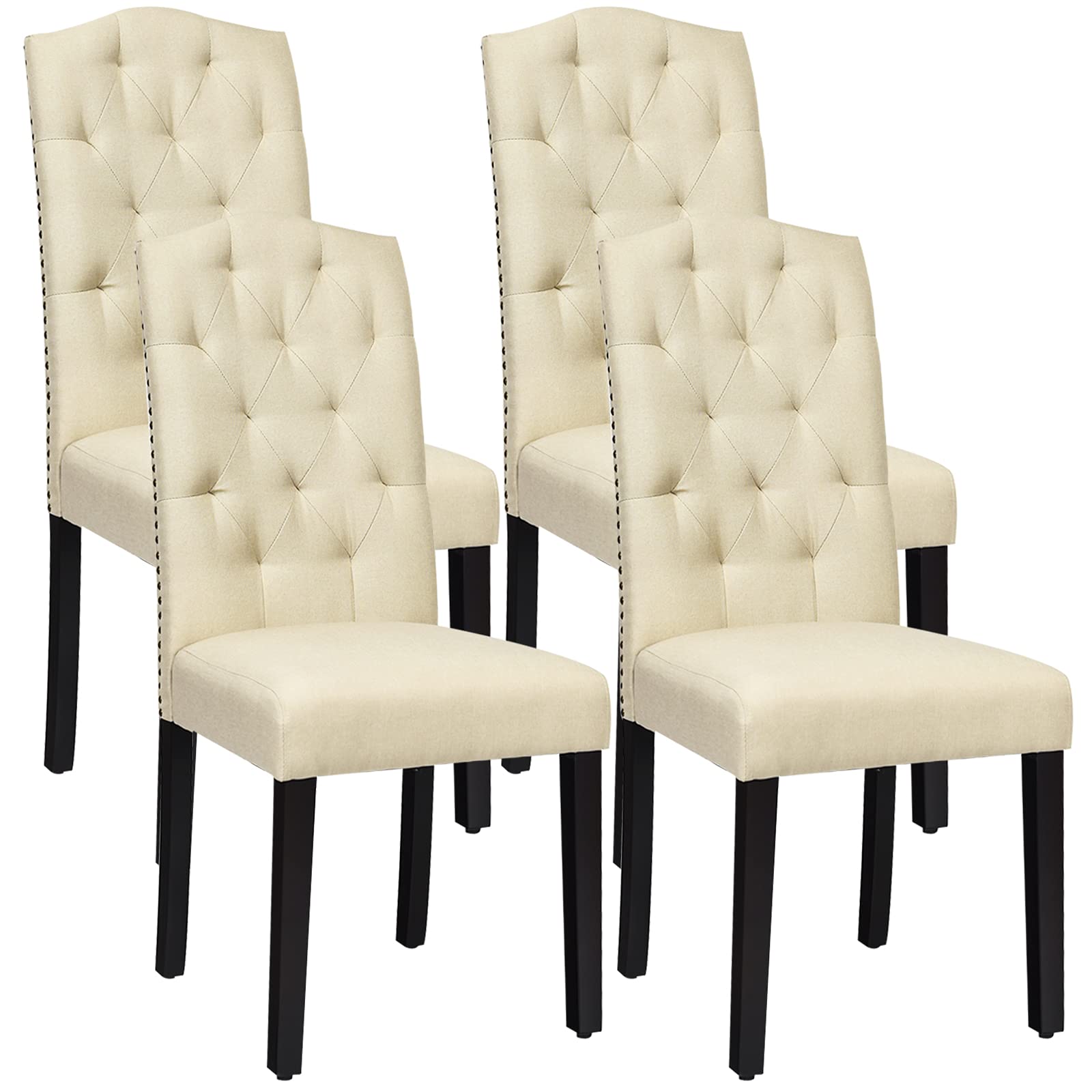 4-Piece Fabric Dining Chair Set - Upholstered Accent Chairs with Solid Wood Legs & Tall Back, Tufted Parsons Style for Kitchen, Dining Room, Office - Comfortable Beige Seating for Home & Restaurant Use