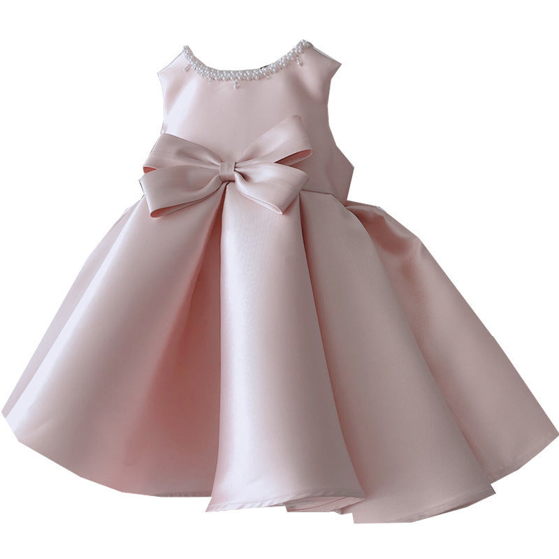 Baby Girl Birthday Party Dress - Beaded Collar Sleeveless Bow Knot Princess Gown for 1st Birthday, Christening & Special Occasions