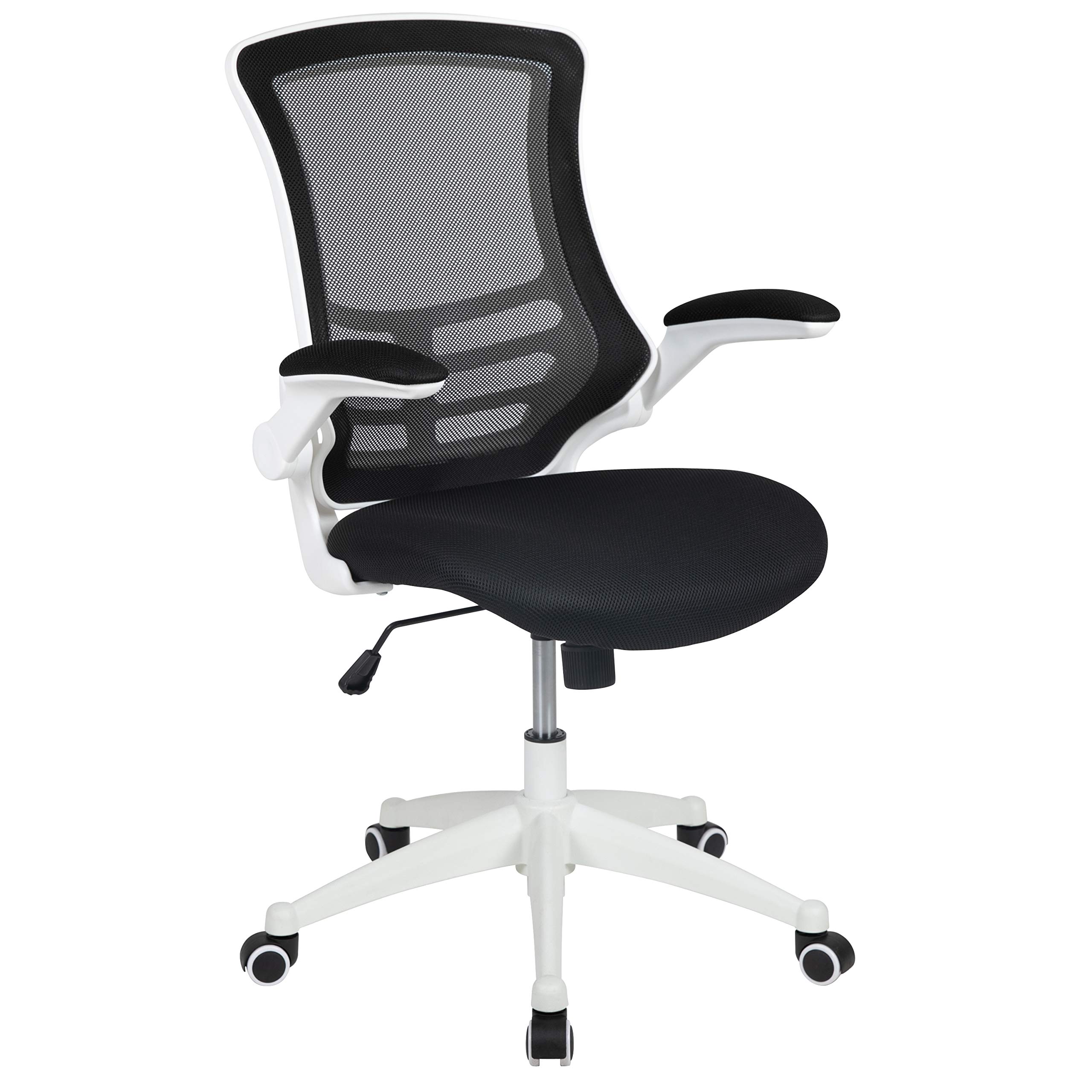 EMMA + OLIVER Black Mesh Ergonomic Office Chair with White Frame - Mid-Back Swivel Task Chair with Flip-Up Arms for Home Office, Gaming & Workspace Comfort