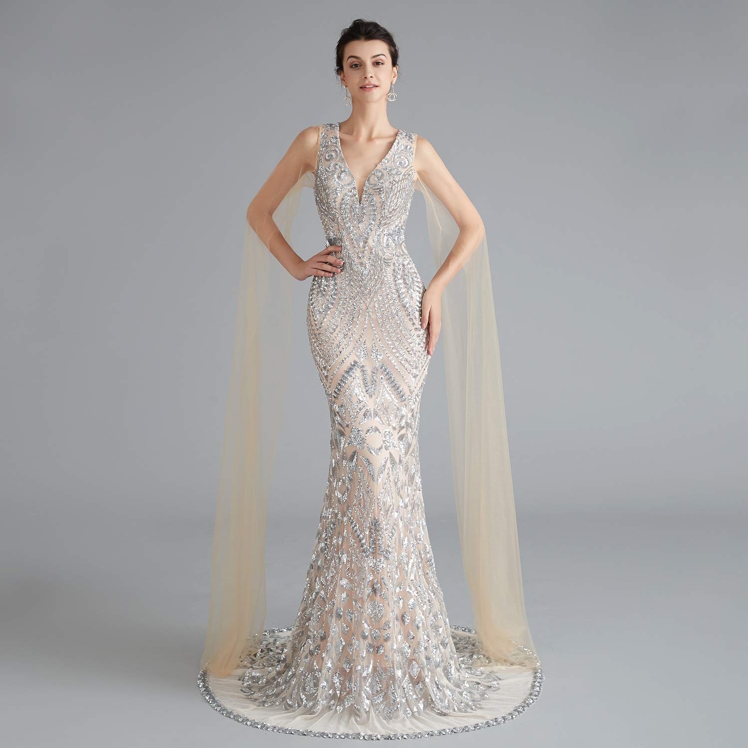 Engerla Sequin Prom Dress Mermaid Evening Gown - Silver Glitter Party Maxi Dress with V Neck for Bridal, Homecoming, Pageant & Formal Events