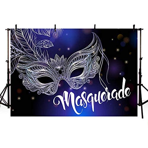 MEHOFOND Glitter Silver Feather Masquerade Mask - Blue & Black Mardi Gras Carnival Party Decor, Ballroom Dance Backdrop, Photography Studio Props (10x7ft) for Birthday, Wedding & Themed Events