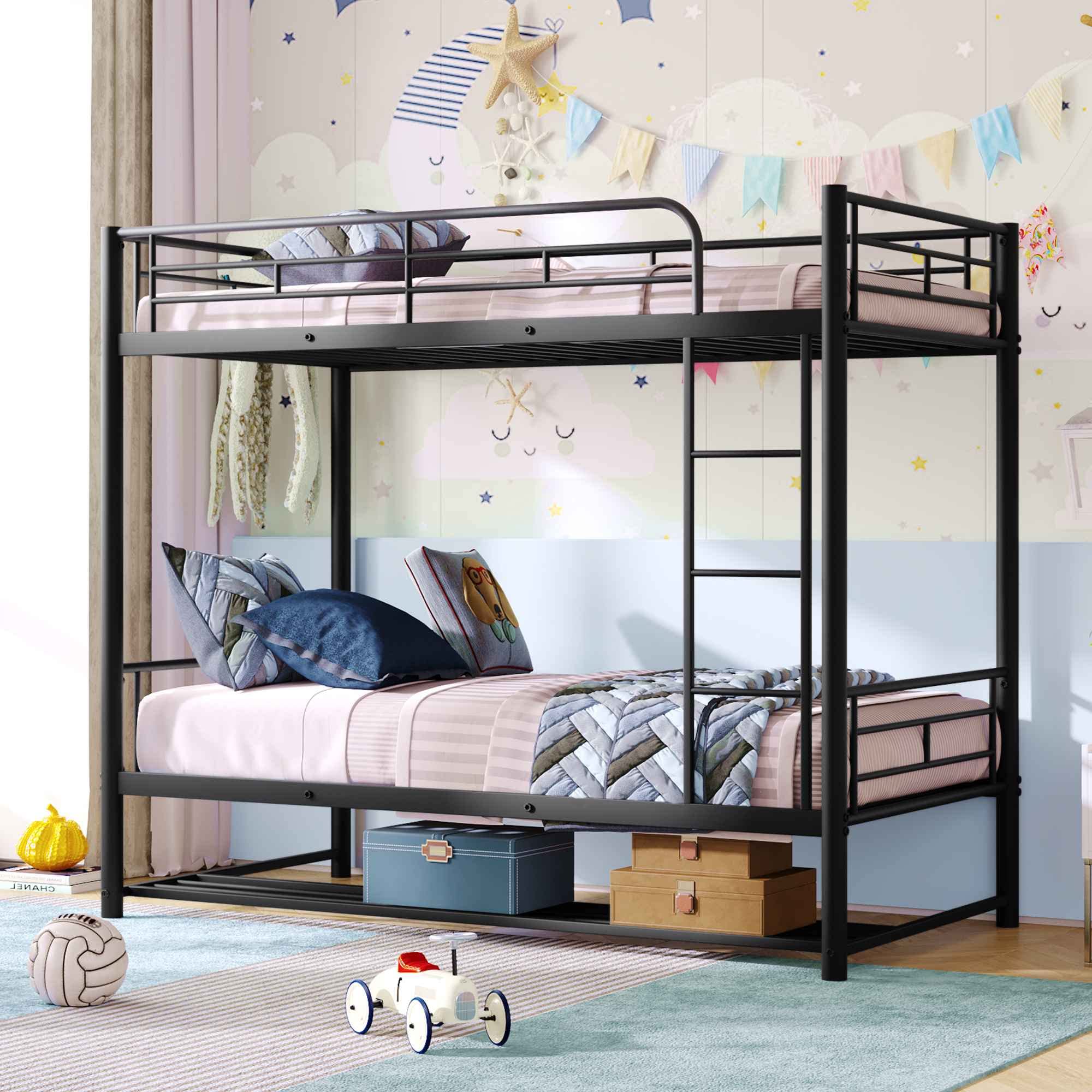 ATY Twin Over Twin Metal Bunk Bed with Built-in Shelf & Slatted Support - Space Saving Steel Bunk Bed Frame with Safety Guardrail - No Box Spring Needed - Ideal for Kids' Rooms, Dormitories & Small Spaces - Black