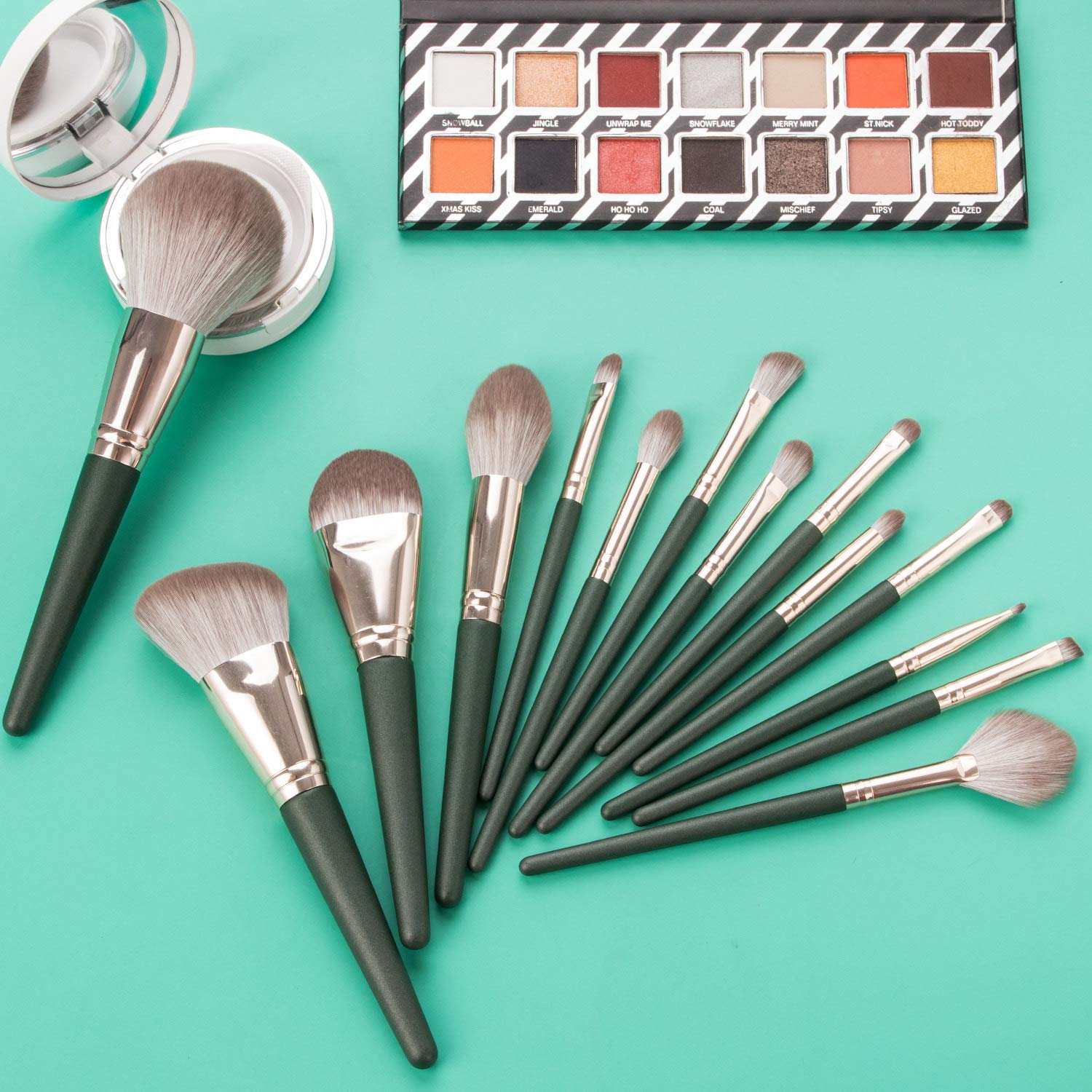 14-Piece Premium Synthetic Makeup Brush Set - Contour, Concealer, Foundation & Eyeshadow Brushes with Green Conical Handle | Perfect for Professional Makeup Artists & Beginners (Green)
