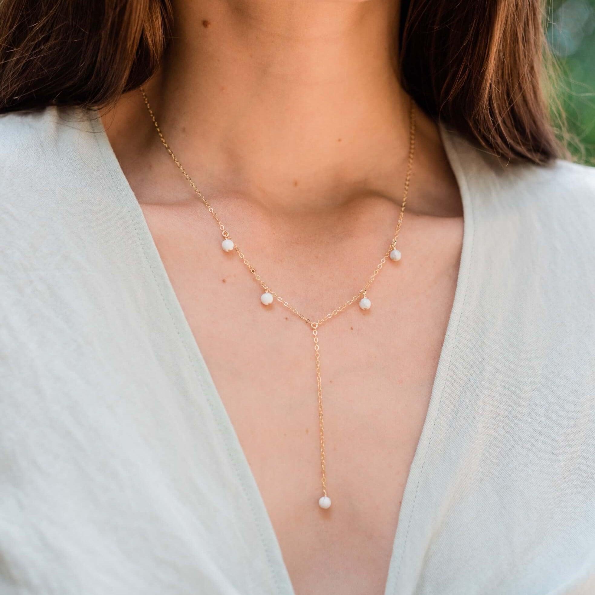 White Howlite Boho Lariat Necklace for Women - Elegant Long Y-Shape Beaded Choker with Tassel - Perfect for Boho Style, Yoga, Meditation & Everyday Wear