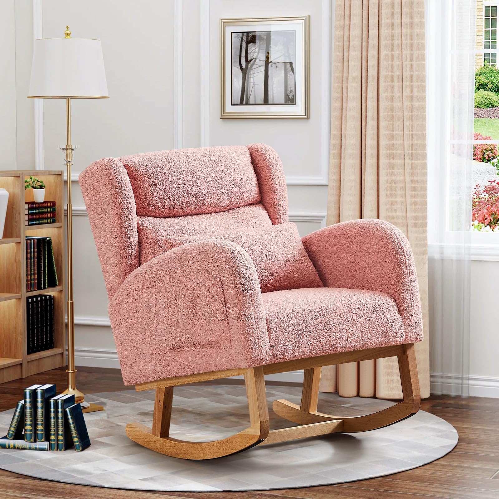 Antetek Modern Teddy Upholstered Rocking Chair - High Back Wingback Nursery Rocker with Lumbar Support Pillow, Comfortable Accent Armchair for Living Room, Bedroom & Nursery (Pink) | Perfect for Nursing, Relaxing & Nursery Decor