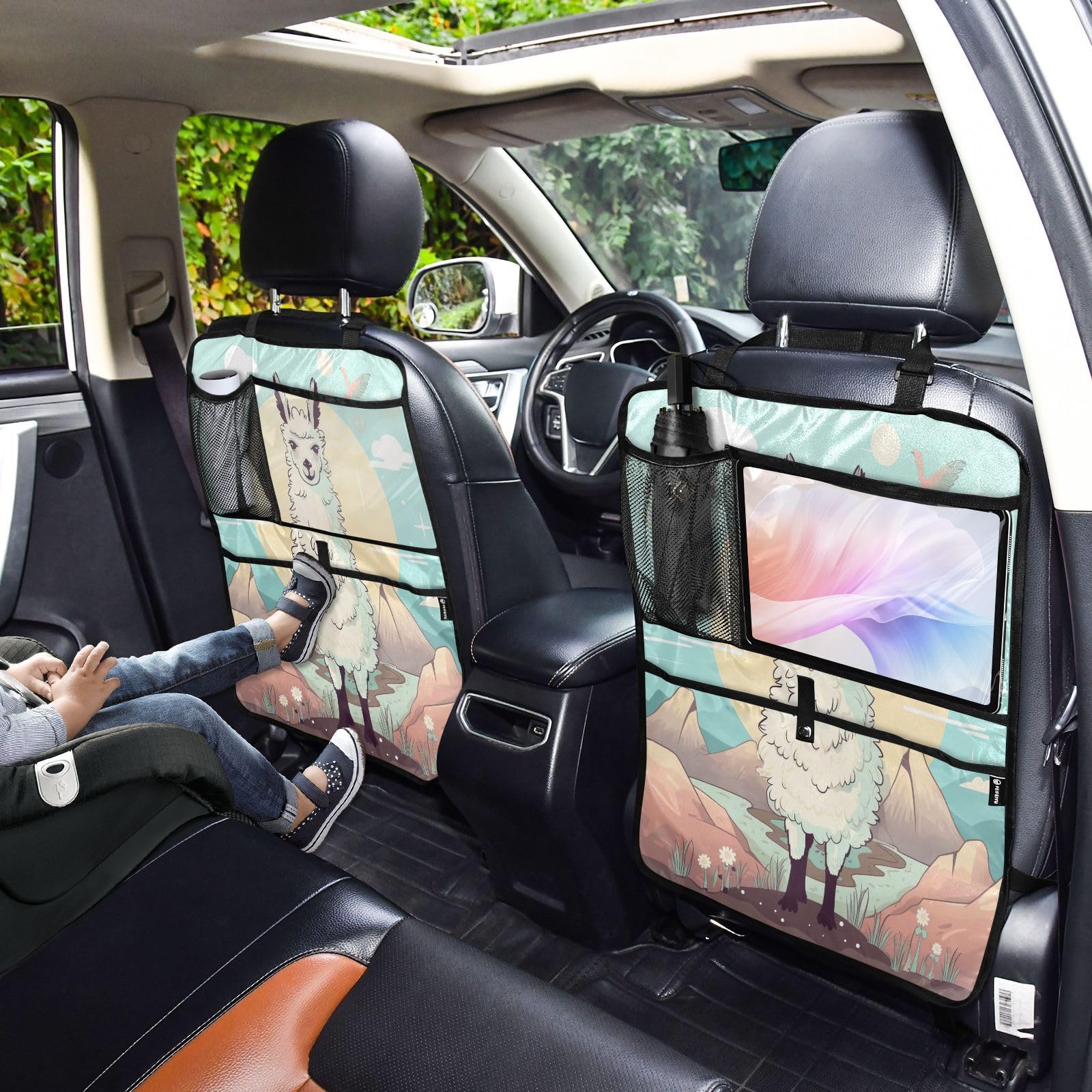 Alpacas Car Seat Protector with Storage Pockets - Waterproof Back Seat Cover & Kick Mats for Cars, SUVs, Trucks - Perfect for Kids, Pets & Travel Organization