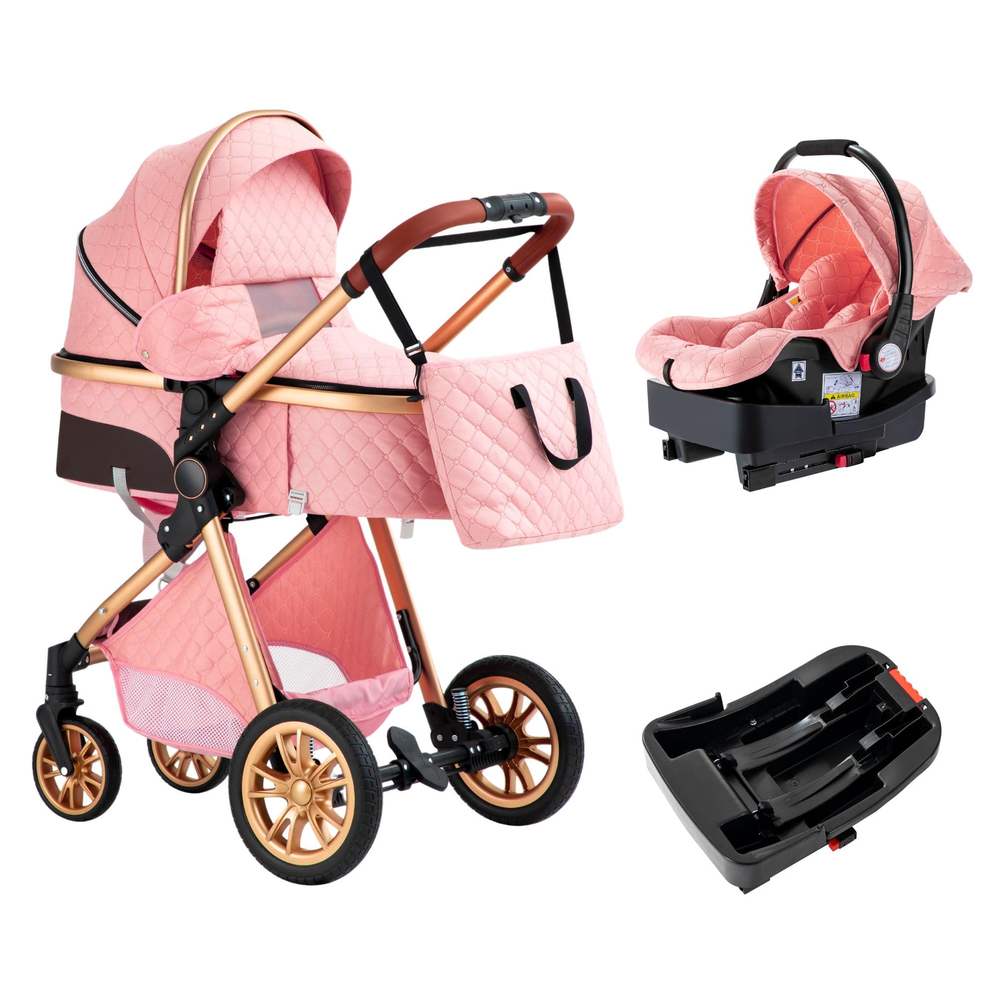 **3-in-1 Adjustable Baby Stroller Travel System with One-Click Folding, Mosquito Net & Rainproof Cover - Includes Mommy Bag (Pink, V9) | Perfect for Newborns, Toddlers & Outdoor Adventures**