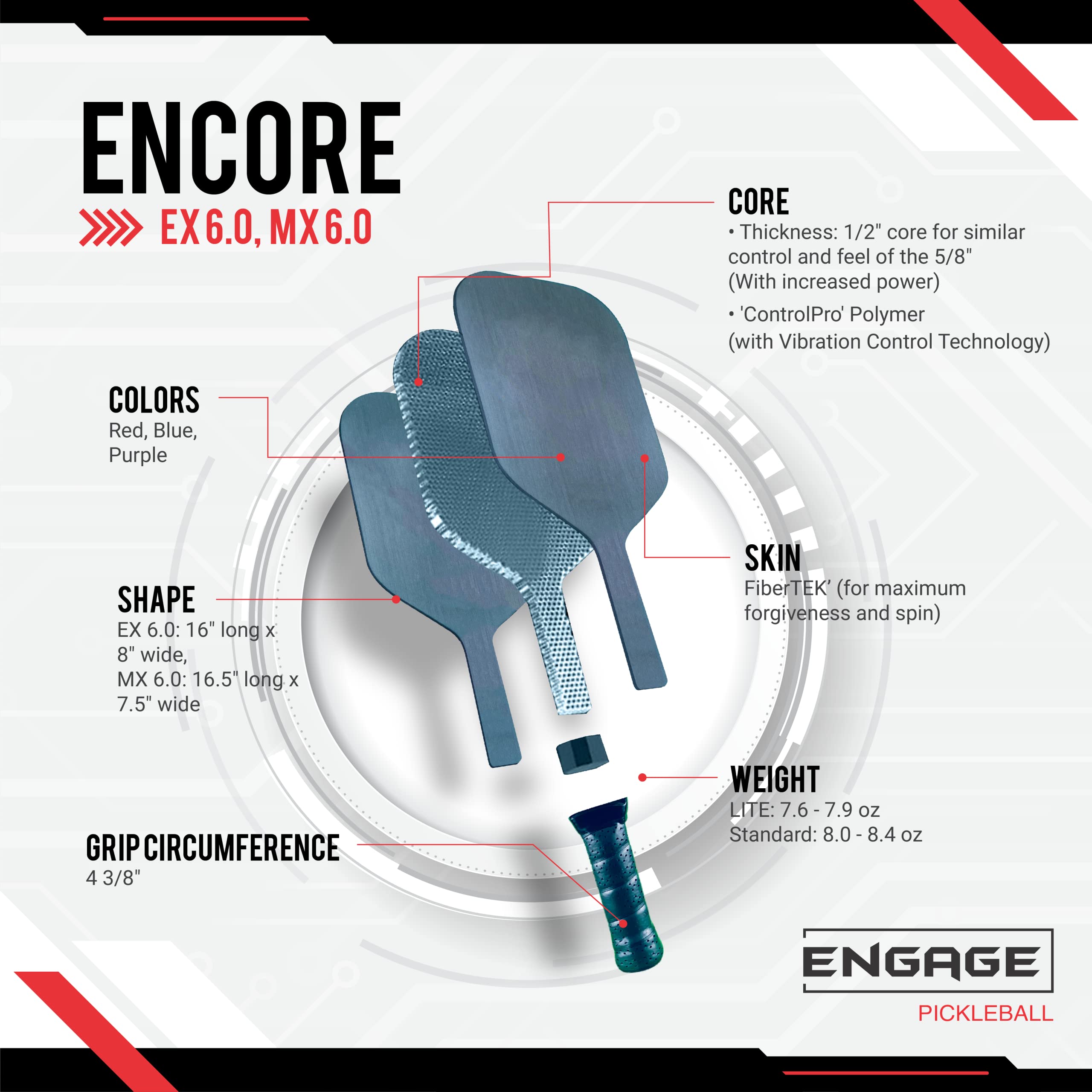 Engage Encore EX 6.0 Pickleball Paddle - USAPA Approved Tournament Ready Paddle with Textured FiberTEK Fiberglass Surface & ControlPRO II Polymer Core for Enhanced Spin and Control | Perfect for Competitive Play and Recreational Games