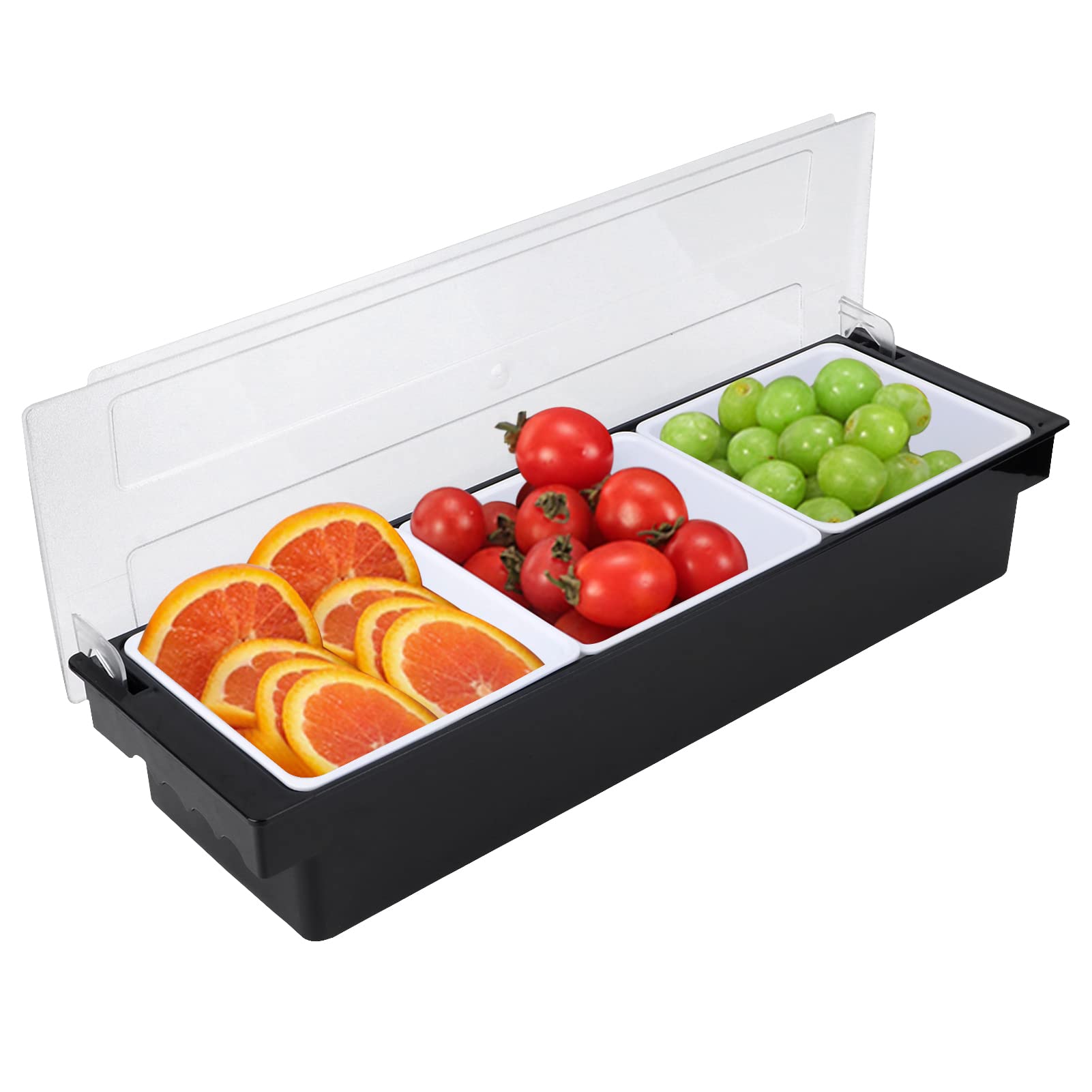 3-Compartment Plastic Food & Condiment Dispenser with Lid - Bar Garnish Station Tray for Tacos, Ice Cream, Fruits & Salads | Perfect for Restaurants, Cafes & Party Serving