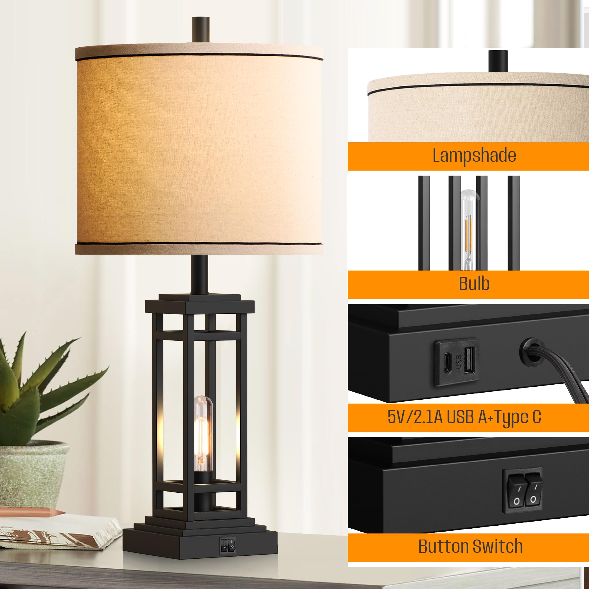 ROTTOGOON 27.5 Inch Tall Farmhouse Table Lamp with USB C & USB A Charging Ports - Rustic Industrial Black End Table Lamp for Bedroom, Living Room, Nightstand - Perfect for Reading, Charging Devices & Home Decor