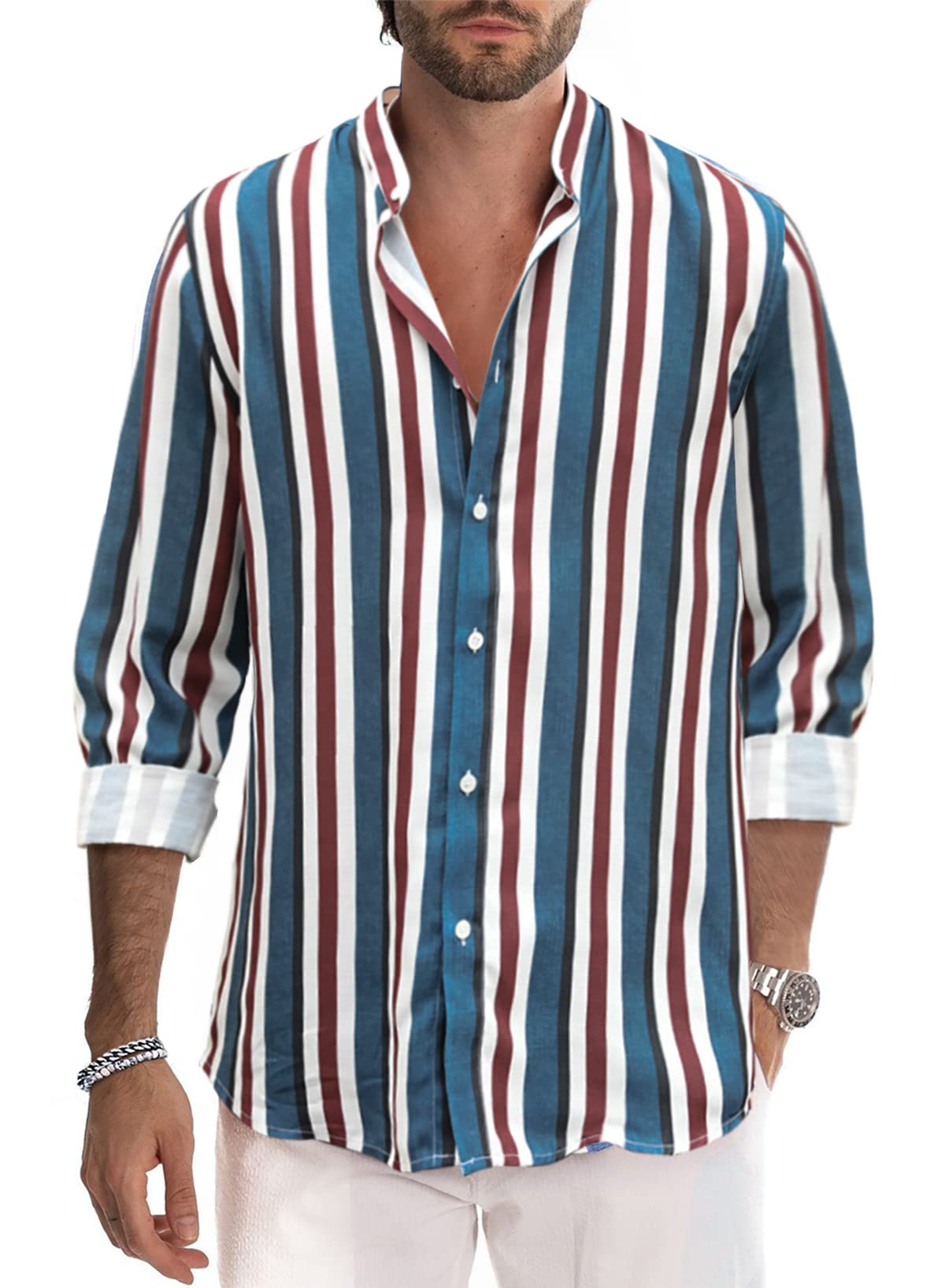 Renaowin Men's Casual Long Sleeve Button Down Shirt - 100% Cotton Striped Dress Shirt for Business & Office Wear - Perfect for Work, Date Night & Formal Occasions