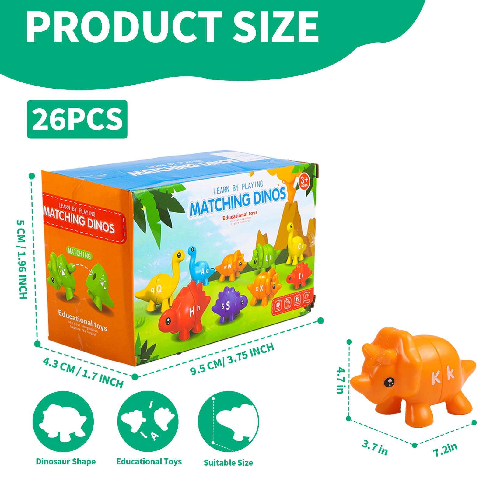 ABC Alphabet Dinosaurs Matching Learning Toys - 26 Letters Dinosaur Game, Montessori Double-Sided Educational Toys for Boys & Girls | Preschool Letter Recognition, Homeschool & Classroom Learning Activities