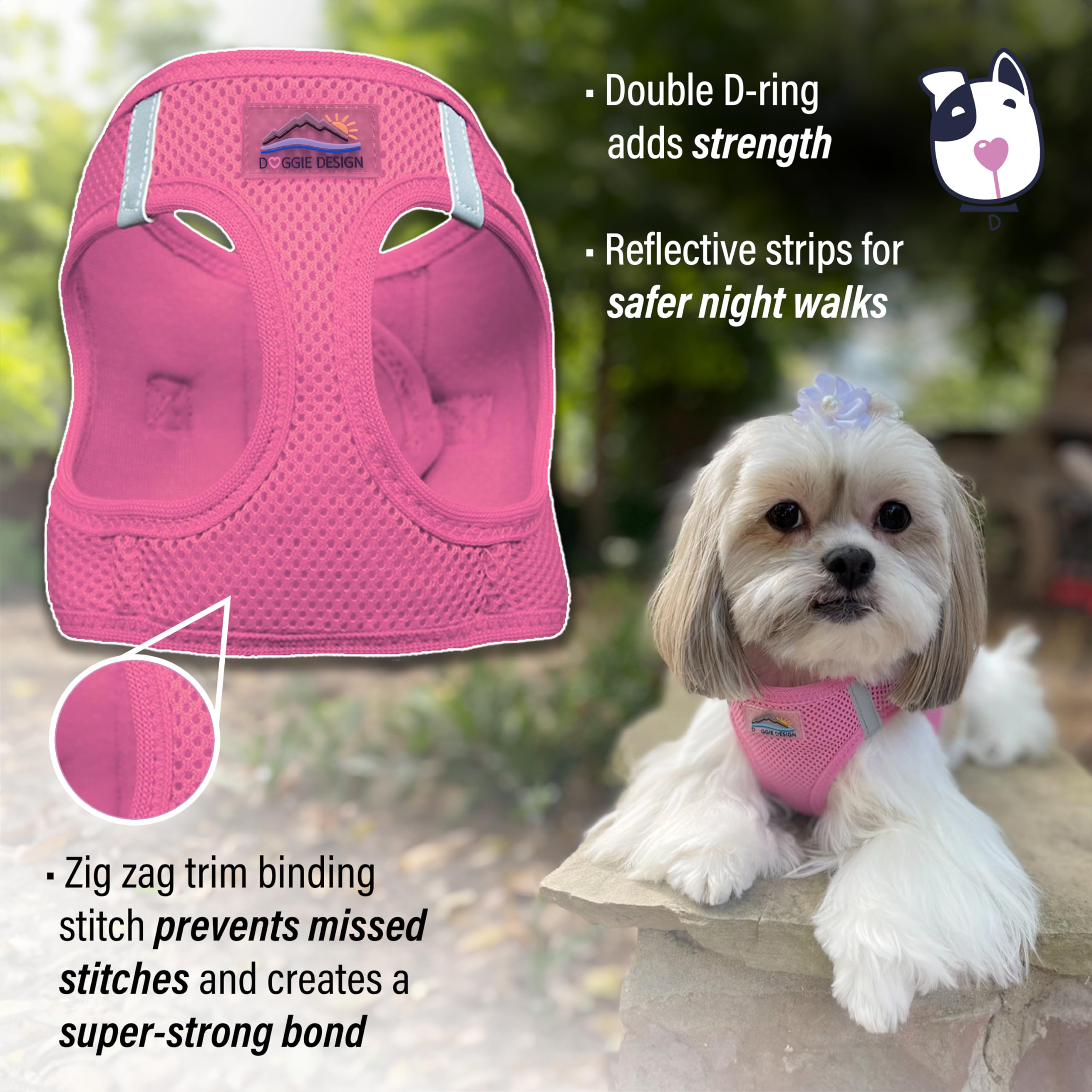 DOGGIE DESIGN No-Pull Dog Harness - Breathable Mesh Polyester Pet Vest with Easy Step-in Design for Small to Medium Dogs - Candy Pink Size M | Perfect for Walking, Hiking & Outdoor Adventures