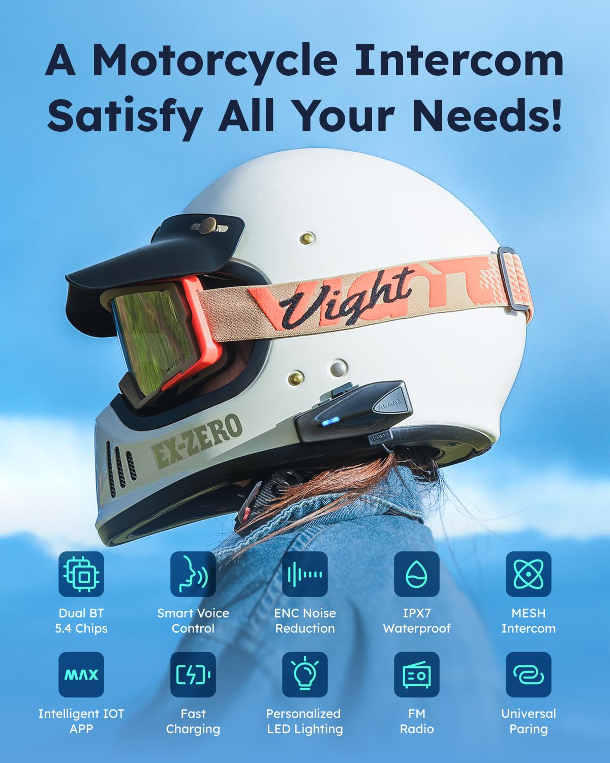 S1 Motorcycle Bluetooth Headset - 8 Rider Mesh Intercom System with FM Radio, AI Voice Control, 60 Min Fast Charge & Auto Volume | Perfect for ATV, Snowmobile & Skiing Adventures