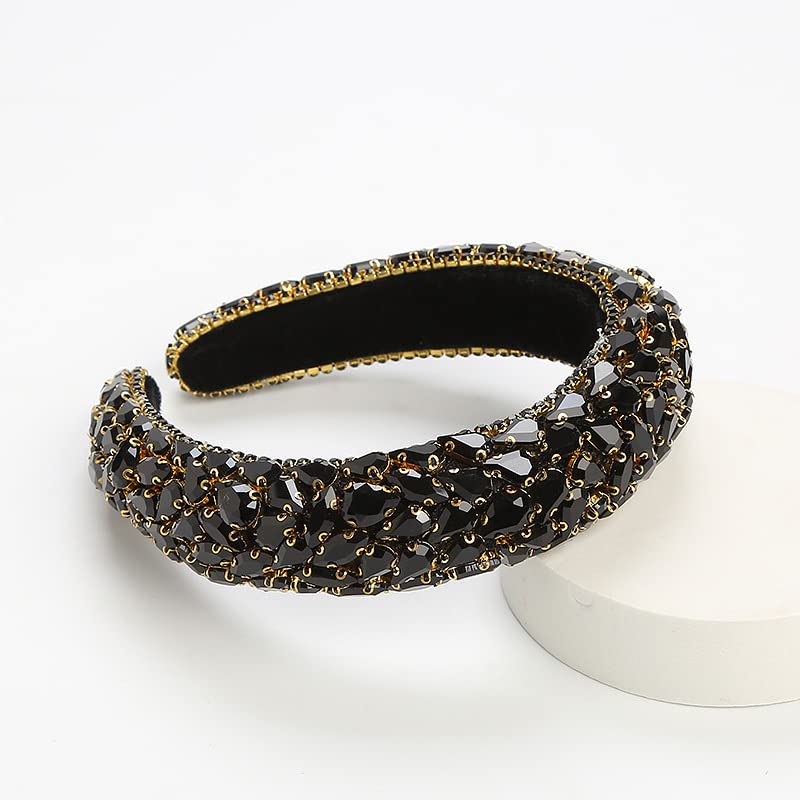 Sparkling Rhinestone Headband for Women - Baroque Crystal Hair Band with Comfortable Padding - Elegant Wedding & Party Hair Accessories (Black) - Perfect for Bridal, Prom, Evening Events & Special Occasions