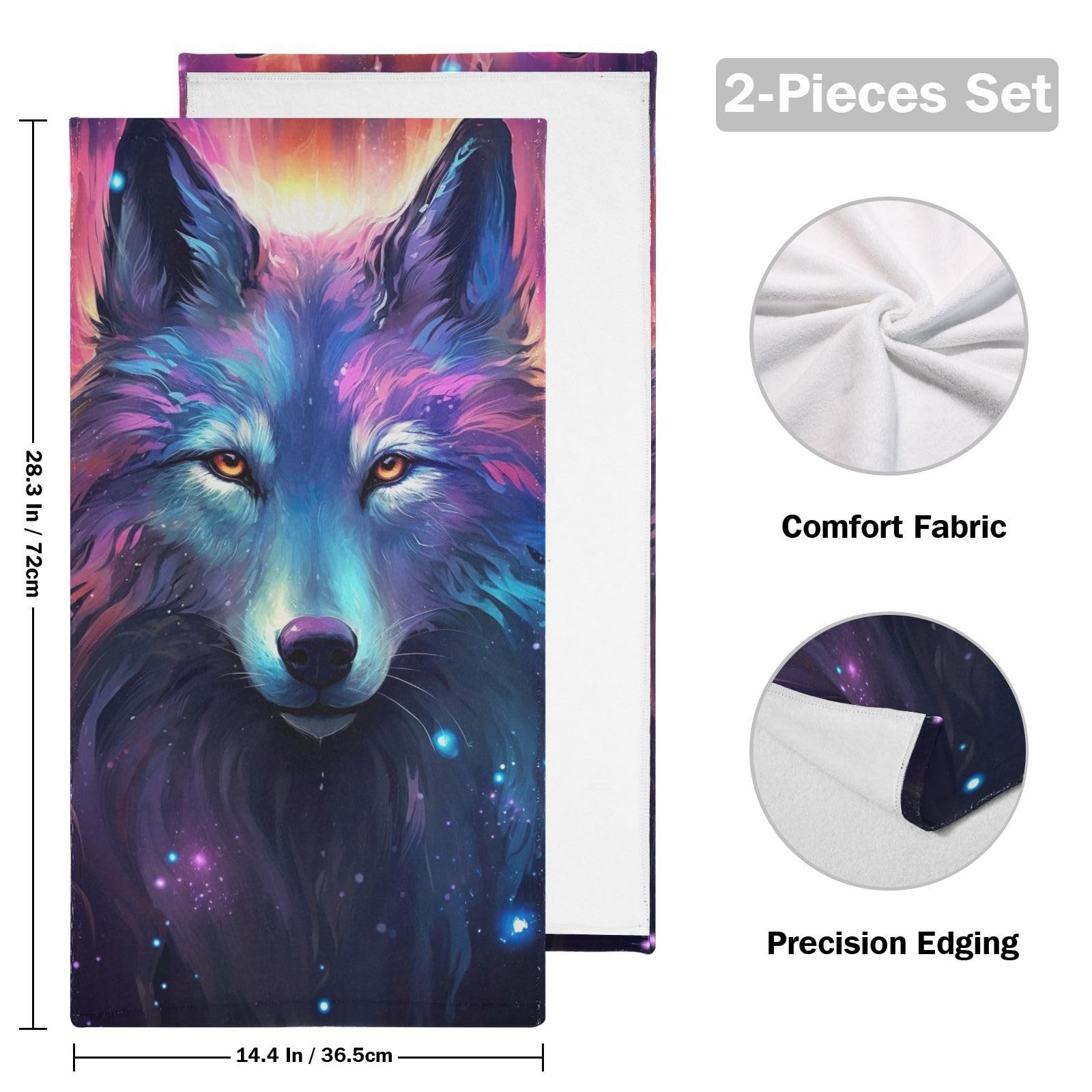 2-Piece Purple Galaxy Wolf Bath Towel Set - Ultra Soft & Absorbent Hand & Bath Towels for Bathroom, Kitchen, Gym - Perfect for Spa, Beach & Home Decor (202a0001)