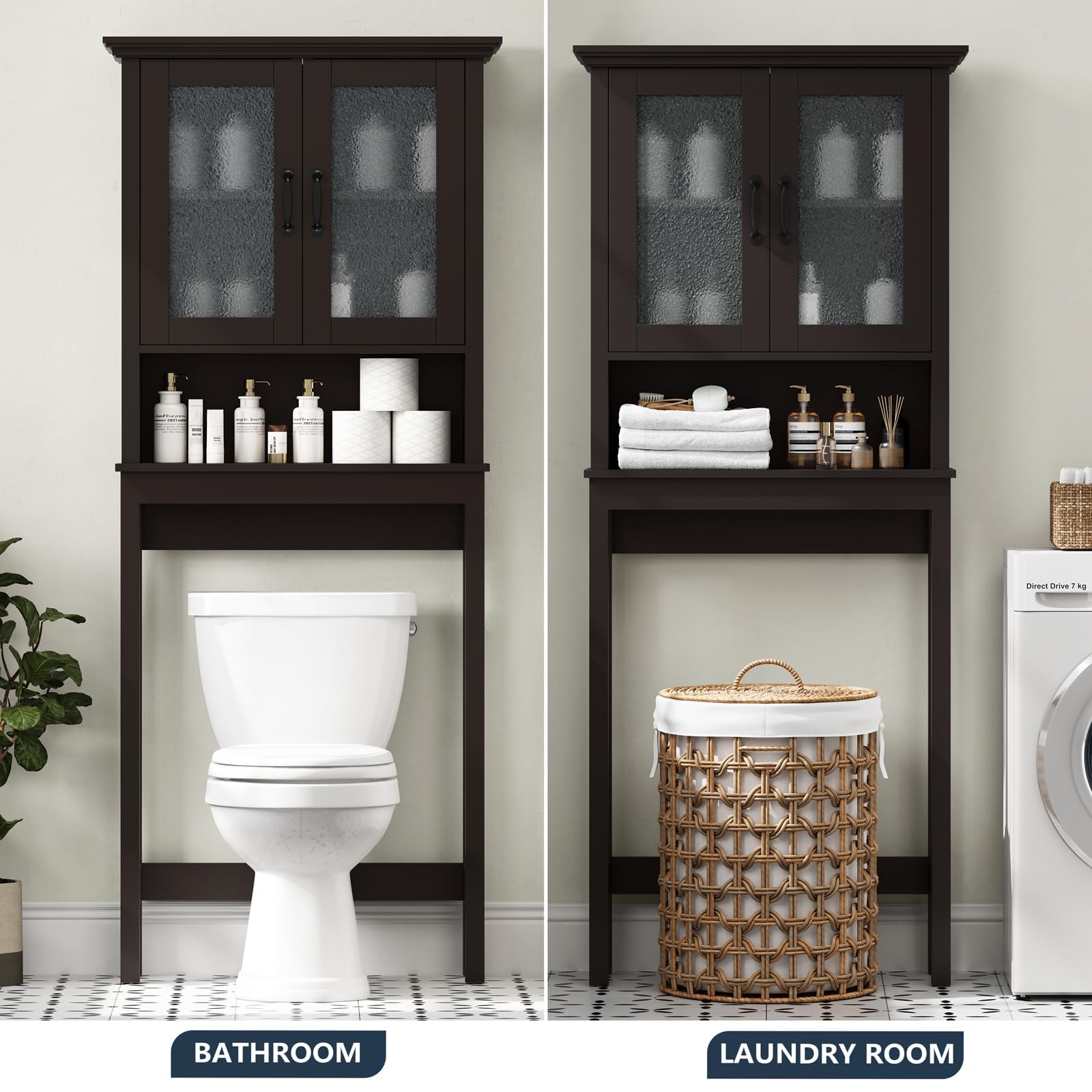 Over The Toilet Storage Cabinet with Glass Doors & Adjustable Shelf - Thick Frame Bathroom Organizer for Above/Behind Toilet - Espresso Finish - Perfect for Small Bathrooms, Apartments & Space-Saving Storage Solutions