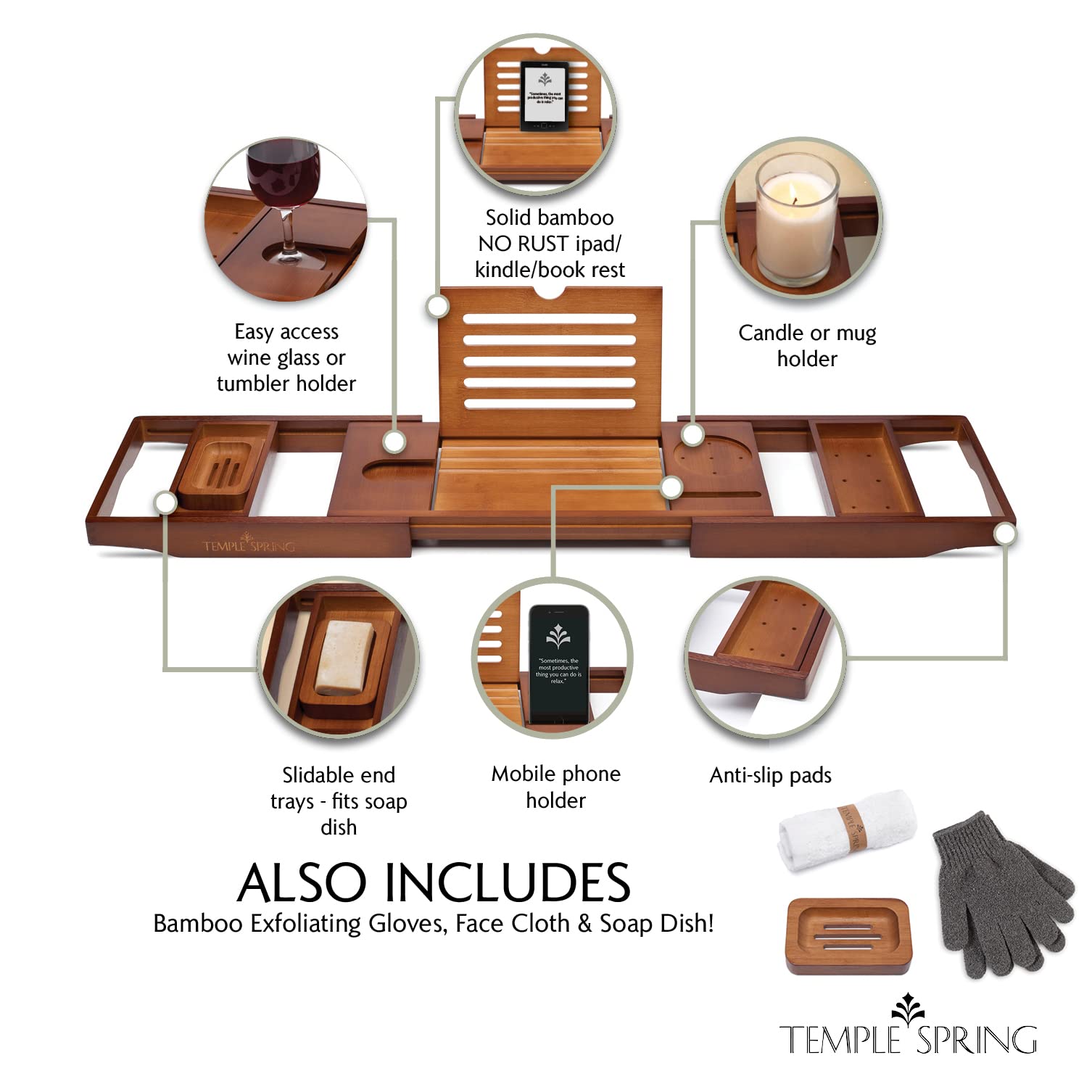 Premium Bamboo Bathtub Tray - Natural Wooden Bath Caddy with Non-Slip Design for Spa Relaxation, Bathroom Essentials & Home Decor - Perfect for Reading, Wine Glass Holder & Bath Accessories Organization (Wood Brown)