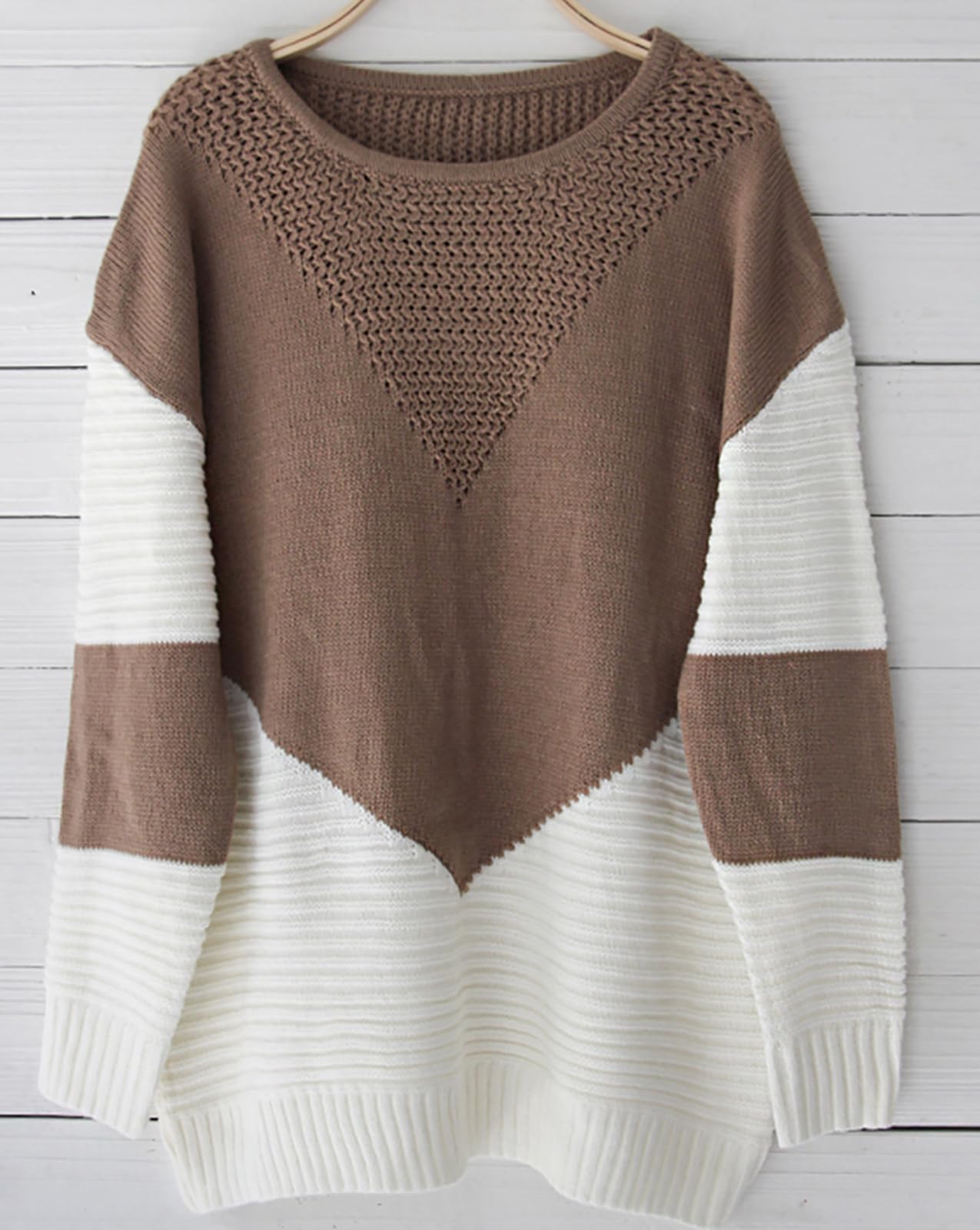 Shermie Women's Colorblock Knitted Sweater - Long Sleeve Crew Neck Loose Casual Pullover Top for Fall & Winter | Cozy Office Wear, Weekend Outfits, Layering Essential