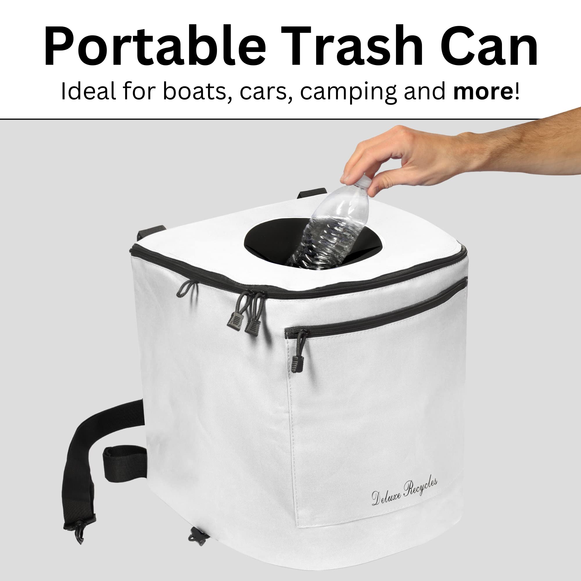 Portable Collapsible 8 Gallon Trash Can for Boating, Camping, Kayaking, Fishing & Beach - Durable Waterproof Waste Bin with Inner Bucket - Essential Boat, RV, Hiking & Outdoor Gear (White) - Perfect for Picnics, Tailgating & Marine Use