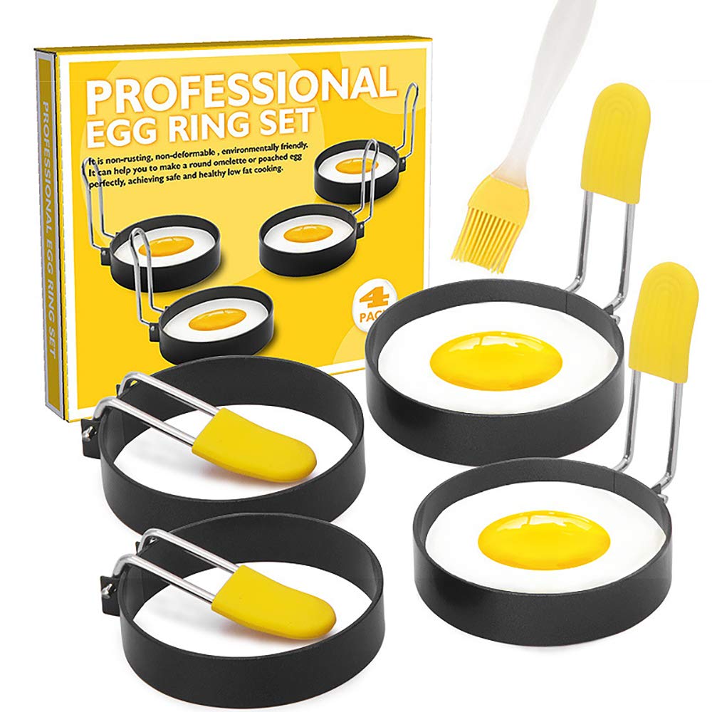 Nonstick Round Egg Rings for Frying Eggs - 4 Pack Egg Shaper Mold with Anti-Scald Handle & Oil Brush - Perfect for Egg McMuffins, Breakfast Sandwiches and Pancakes