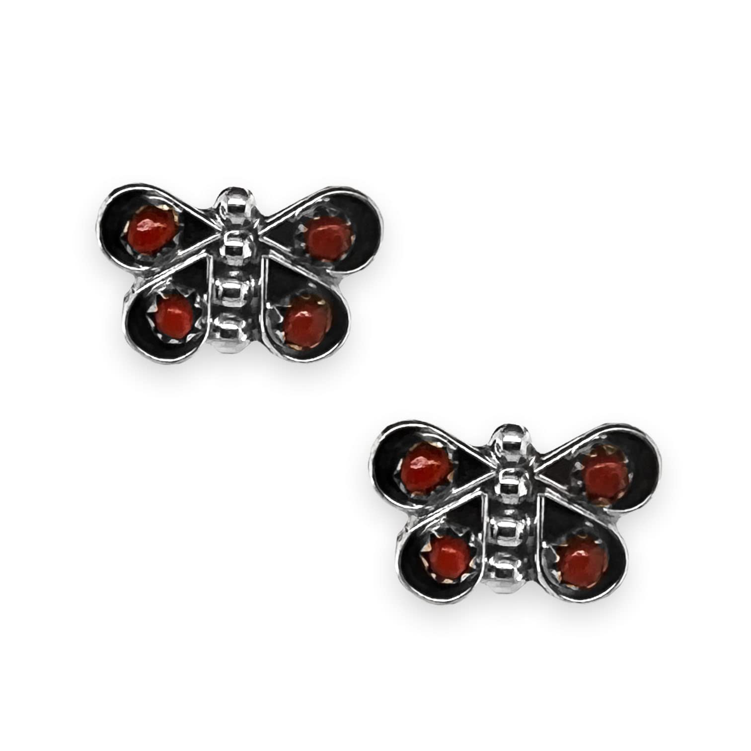 Authentic Coral Butterfly Stud Earrings - 925 Sterling Silver Handmade Jewelry | Native American Artisan Crafted in New Mexico USA | Nickel-Free Post Earrings for Women | Perfect for Weddings, Parties & Everyday Wear