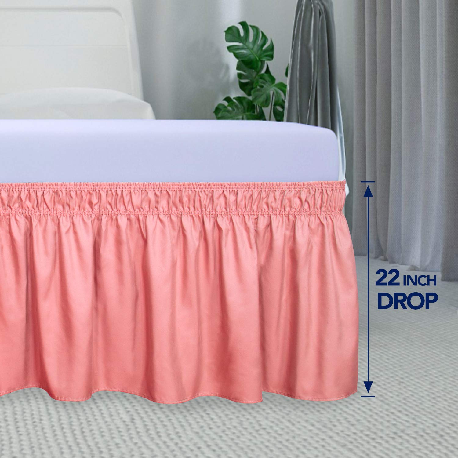 PureFit Wrap Around Ruffled Bed Skirt with Adjustable Elastic Belt - 22 Inch Drop, Easy to Install Wrinkle-Free Dust Ruffle for Queen, King & California King Beds | Soft Pink Bed Frame Cover | Perfect for Master Bedrooms, Guest Rooms & Hotel Decor